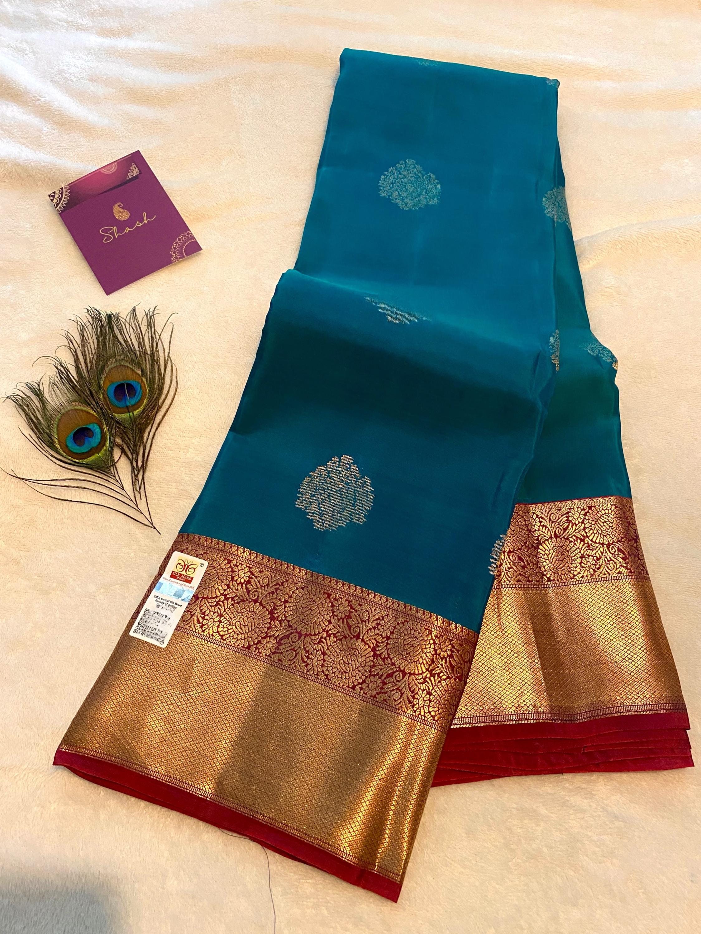 Pure Kanchipuram Silk Saree | Peacock Blue Dual Tone with Maroon Zari Border
