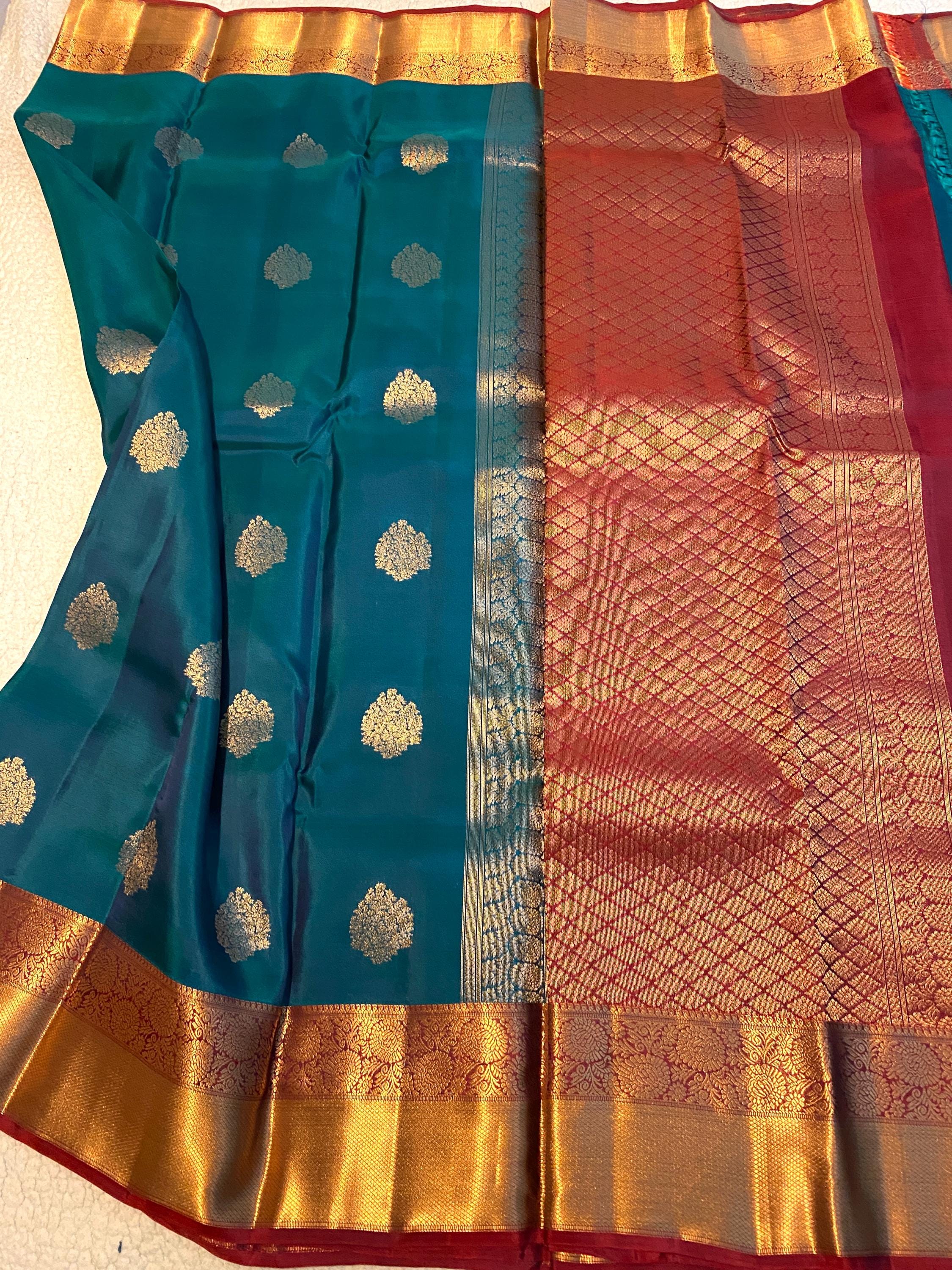 Pure Kanchipuram Silk Saree | Peacock Blue Dual Tone with Maroon Zari Border