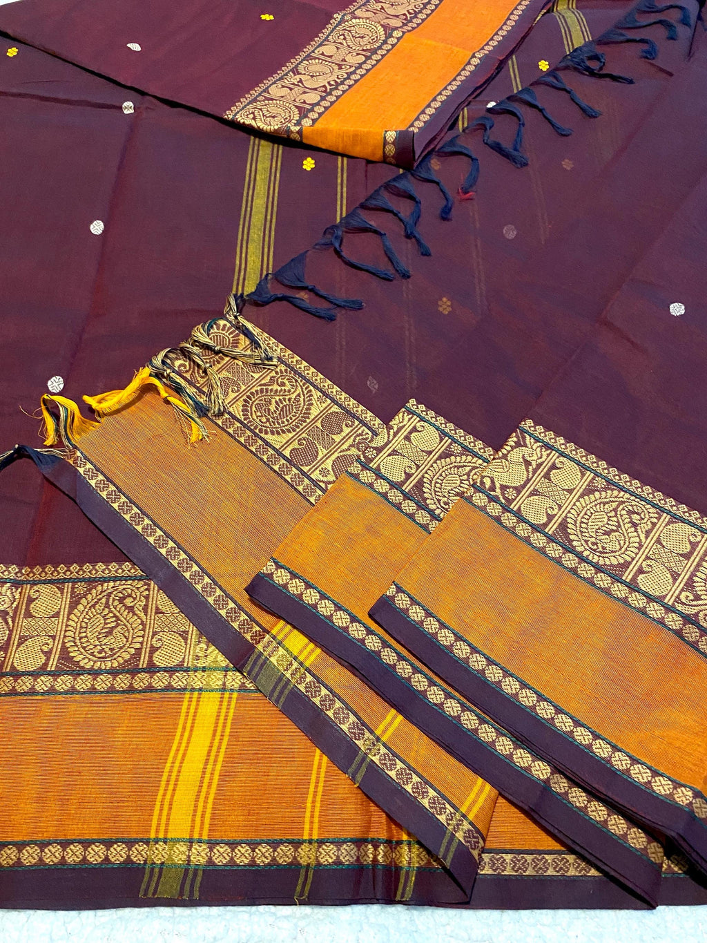 Pure Kanchi Cotton Saree – Dark Maroon with Mustard-Orange Border | Traditional Indian Saree | Festive & Everyday Wear | UK Seller