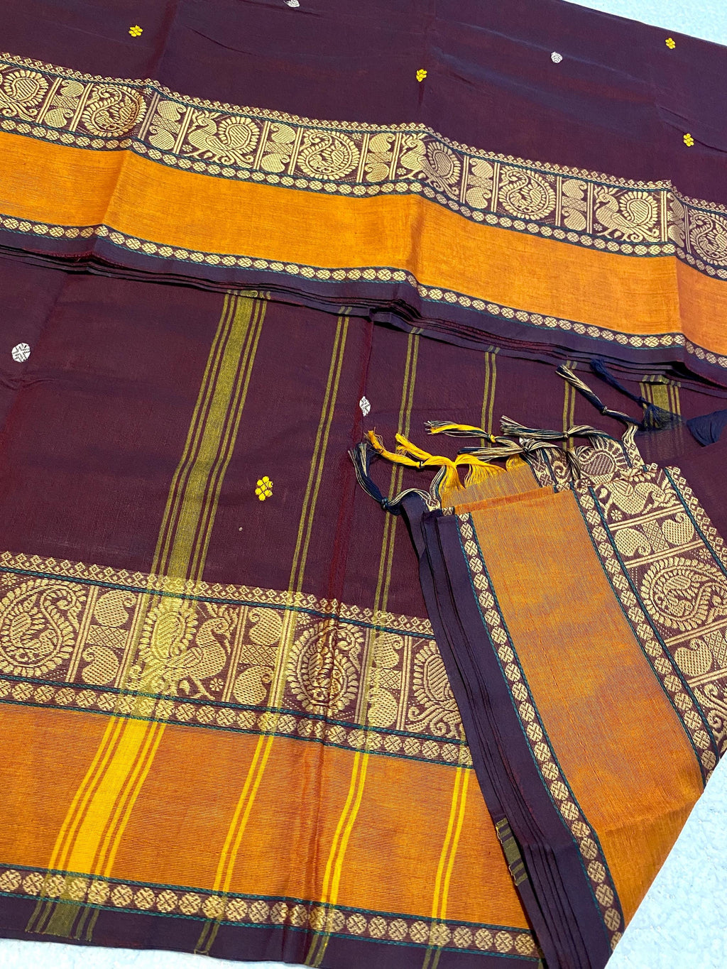 Pure Kanchi Cotton Saree – Dark Maroon with Mustard-Orange Border | Traditional Indian Saree | Festive & Everyday Wear | UK Seller
