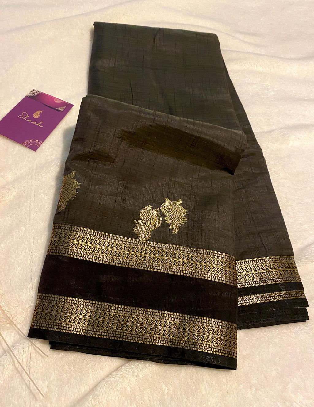 Black Semi Tussar Silk Saree with Running Blouse