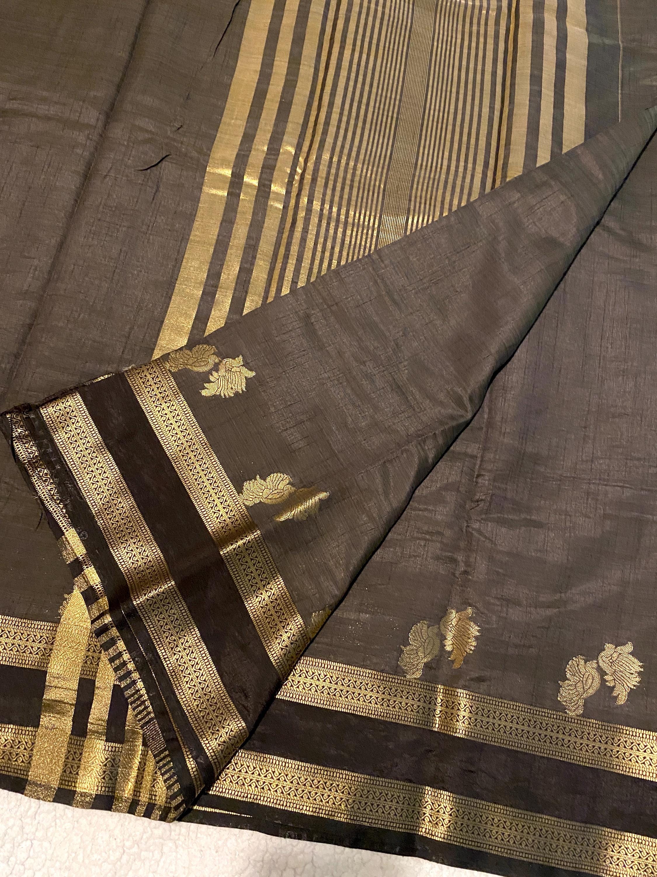 Black Semi Tussar Silk Saree with Running Blouse