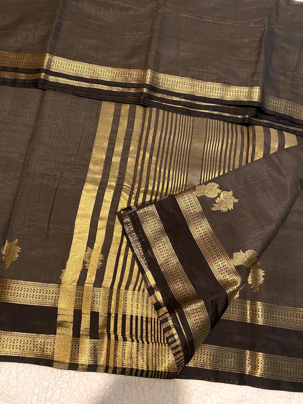 Black Semi Tussar Silk Saree with Running Blouse