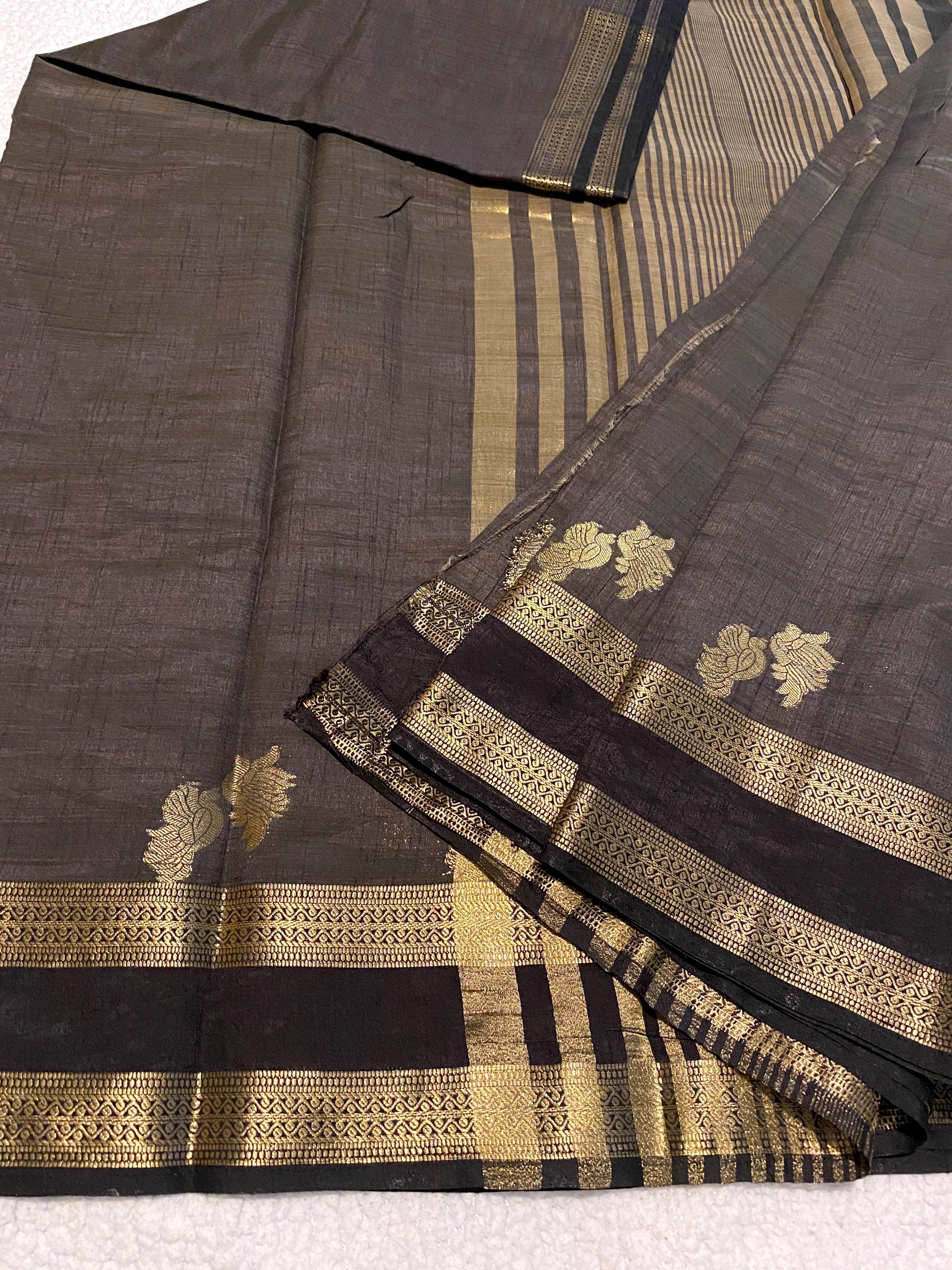 Black Semi Tussar Silk Saree with Running Blouse