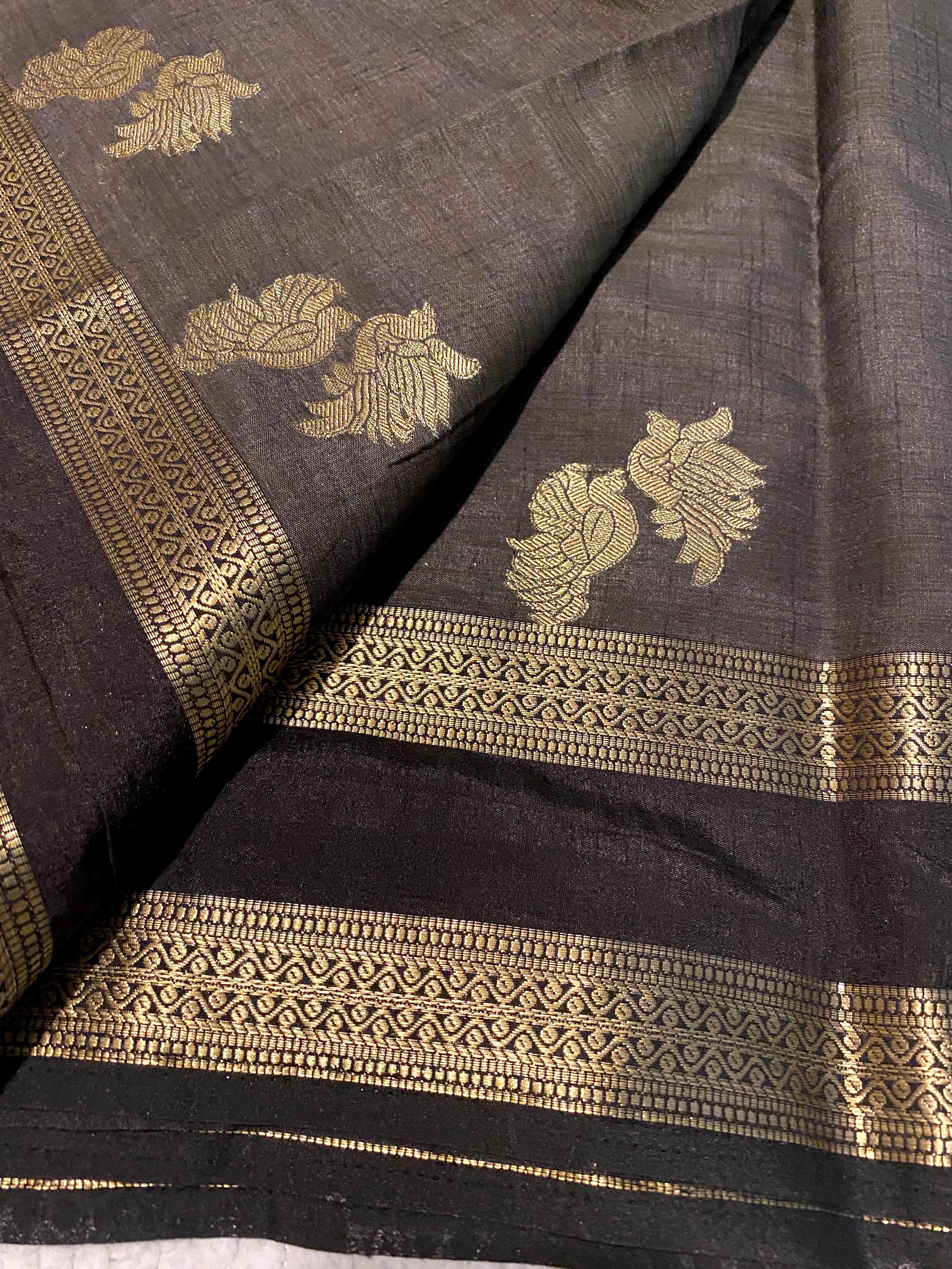 Black Semi Tussar Silk Saree with Running Blouse