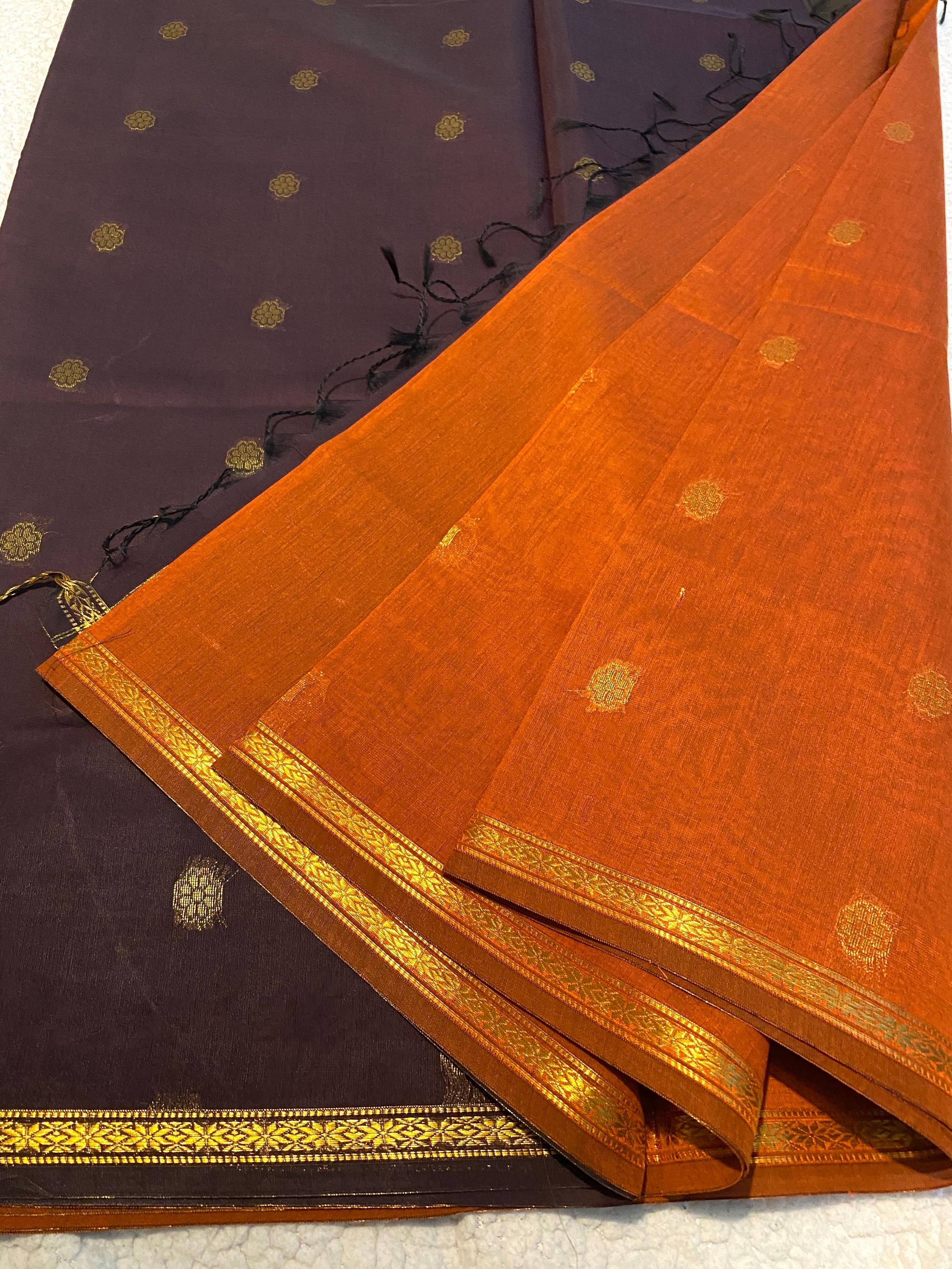 Maheshwari Cotton Silk Saree – Rust Orange with Dark Plum Pallu & Blouse