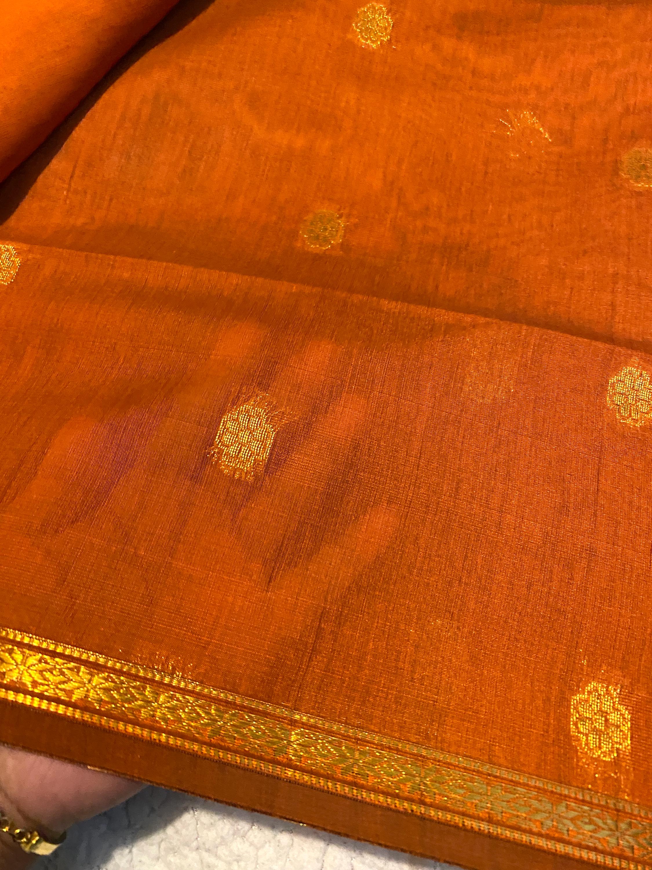 Maheshwari Cotton Silk Saree – Rust Orange with Dark Plum Pallu & Blouse