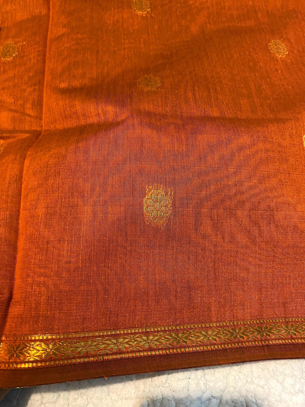 Maheshwari Cotton Silk Saree – Rust Orange with Dark Plum Pallu & Blouse