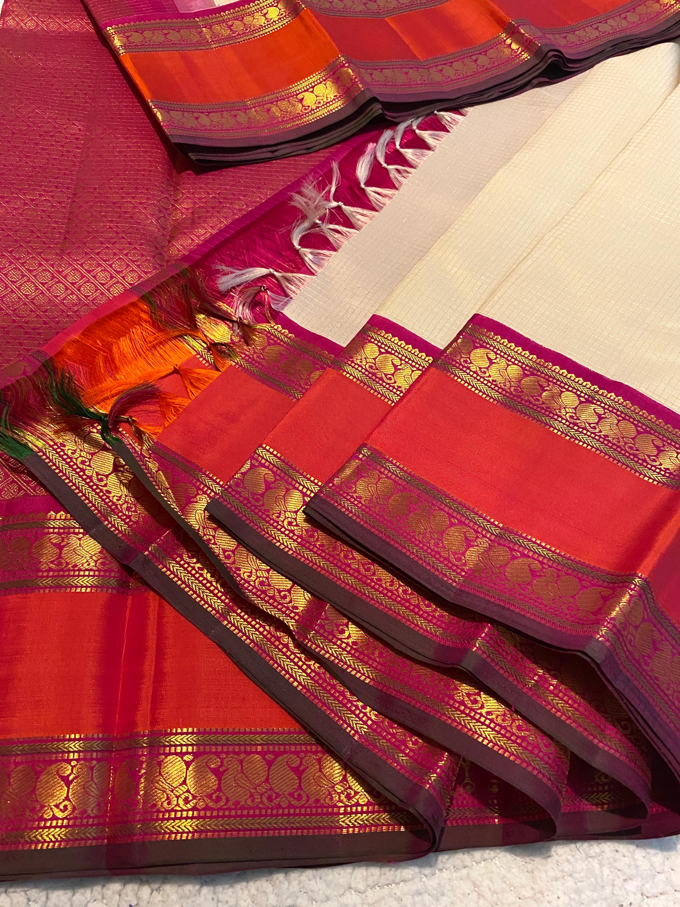 Pure Handloom Kanchipuram Silk Saree | Off-White with Reddish Orange & Magenta Zari Border