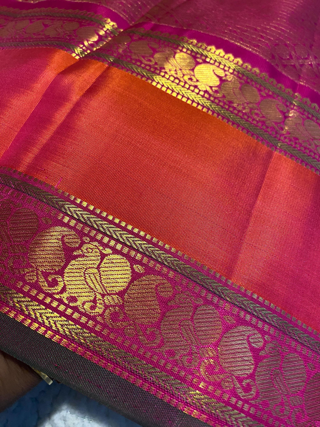 Pure Handloom Kanchipuram Silk Saree | Off-White with Reddish Orange & Magenta Zari Border