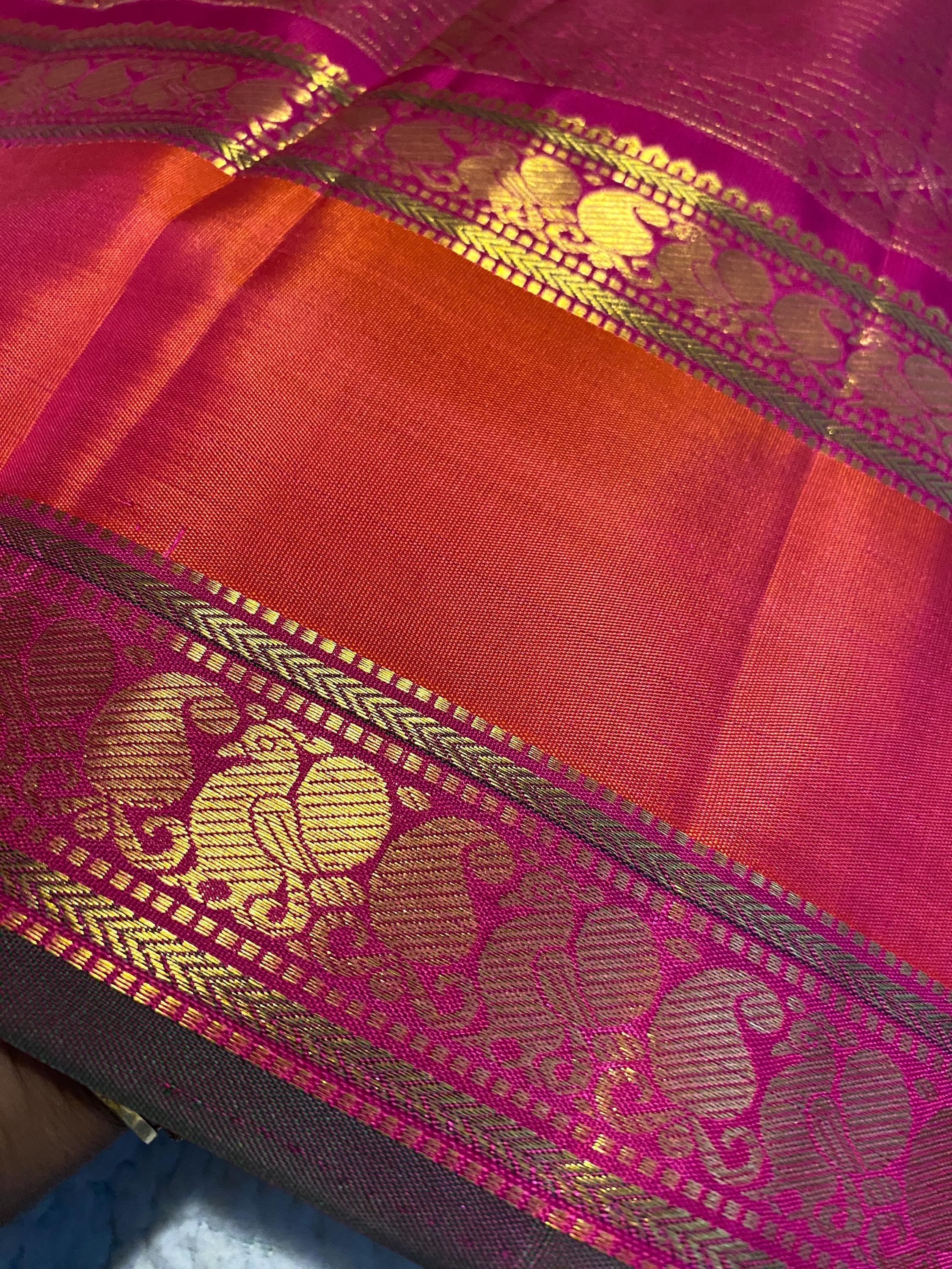 Pure Handloom Kanchipuram Silk Saree | Off-White with Reddish Orange & Magenta Zari Border