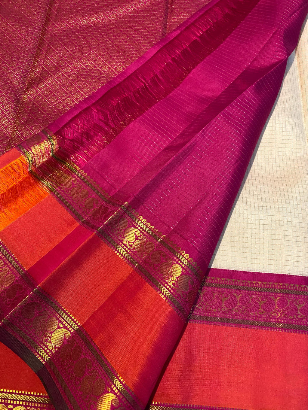 Pure Handloom Kanchipuram Silk Saree | Off-White with Reddish Orange & Magenta Zari Border