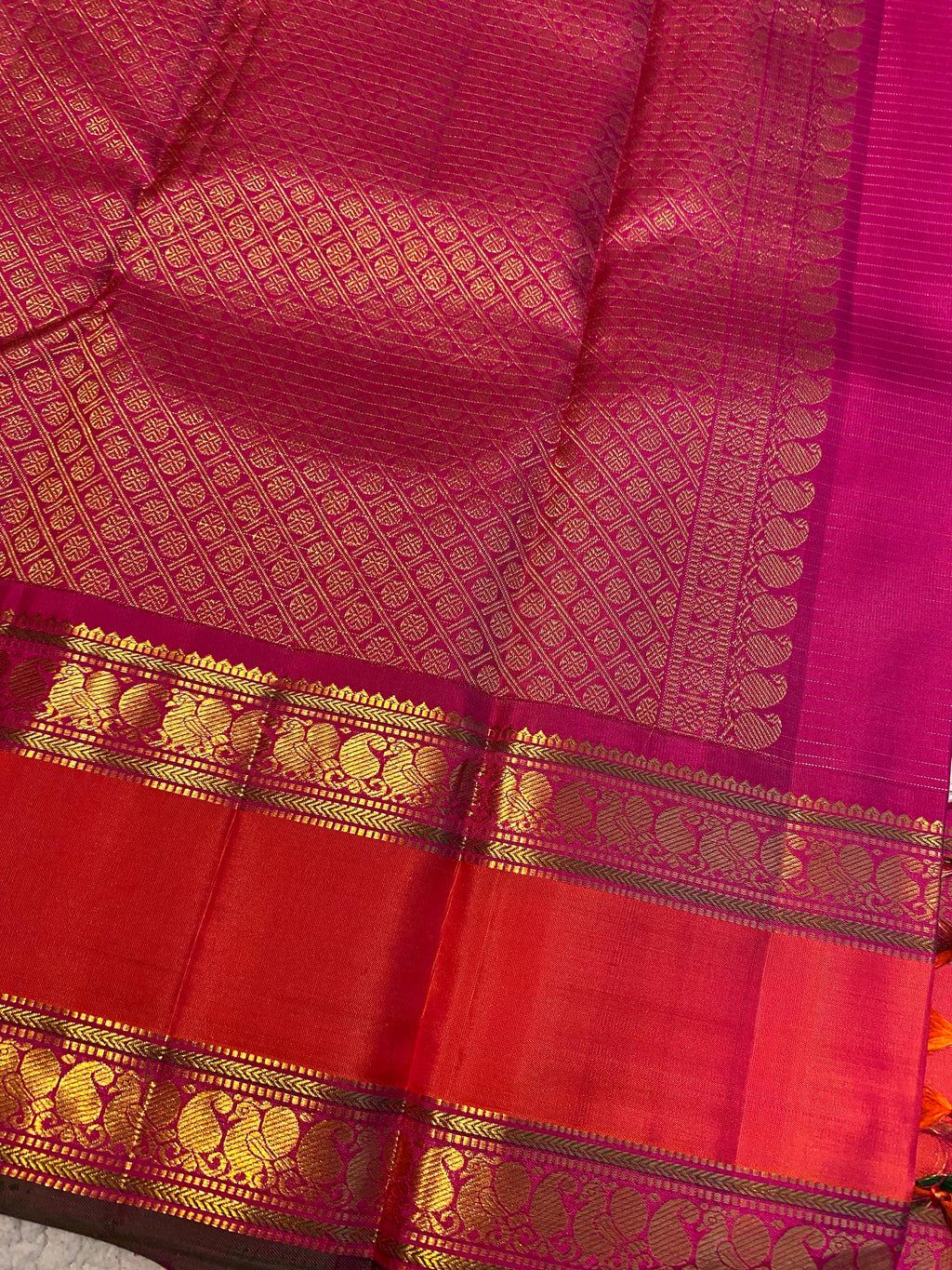 Pure Handloom Kanchipuram Silk Saree | Off-White with Reddish Orange & Magenta Zari Border