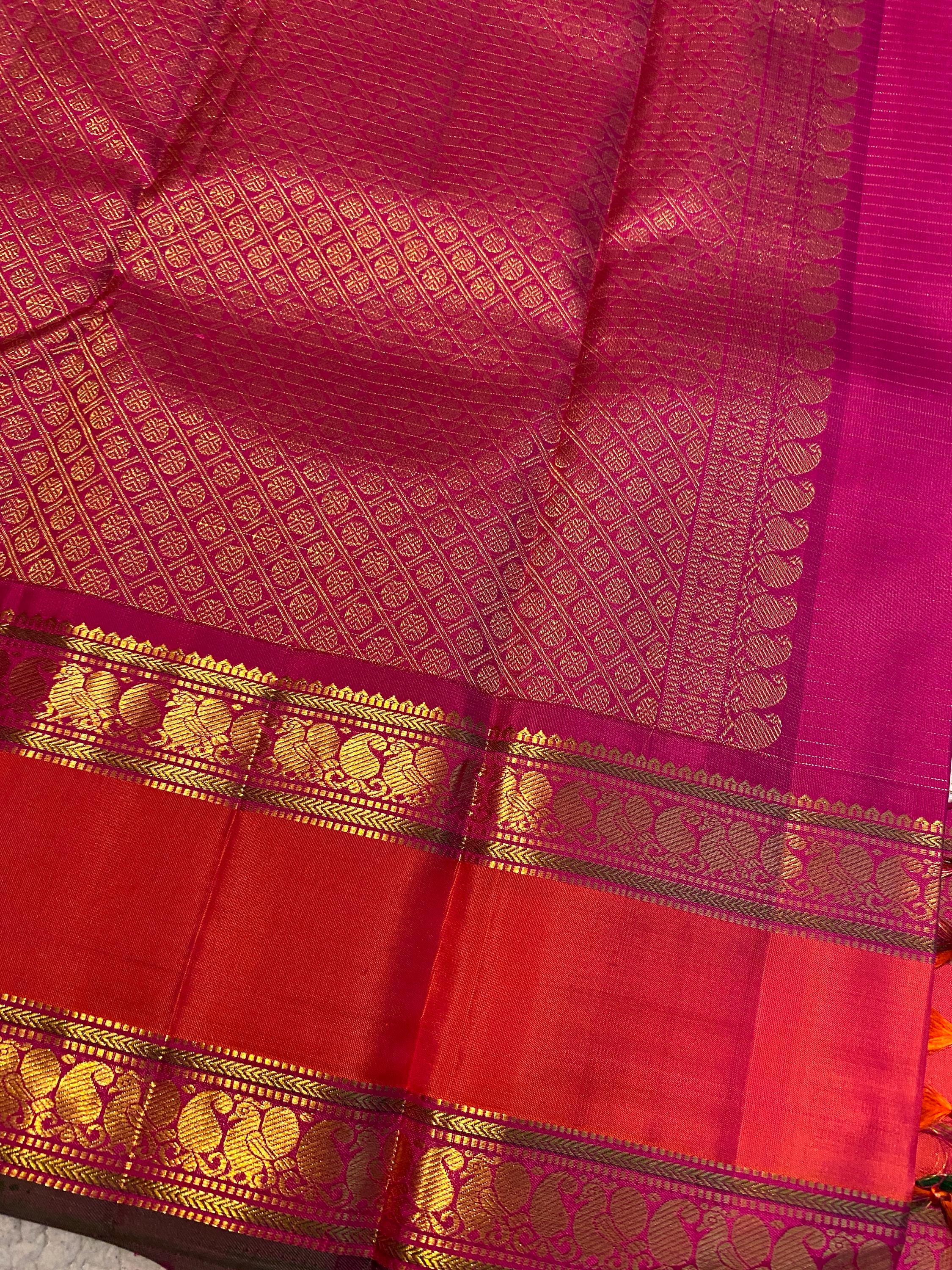 Pure Handloom Kanchipuram Silk Saree | Off-White with Reddish Orange & Magenta Zari Border