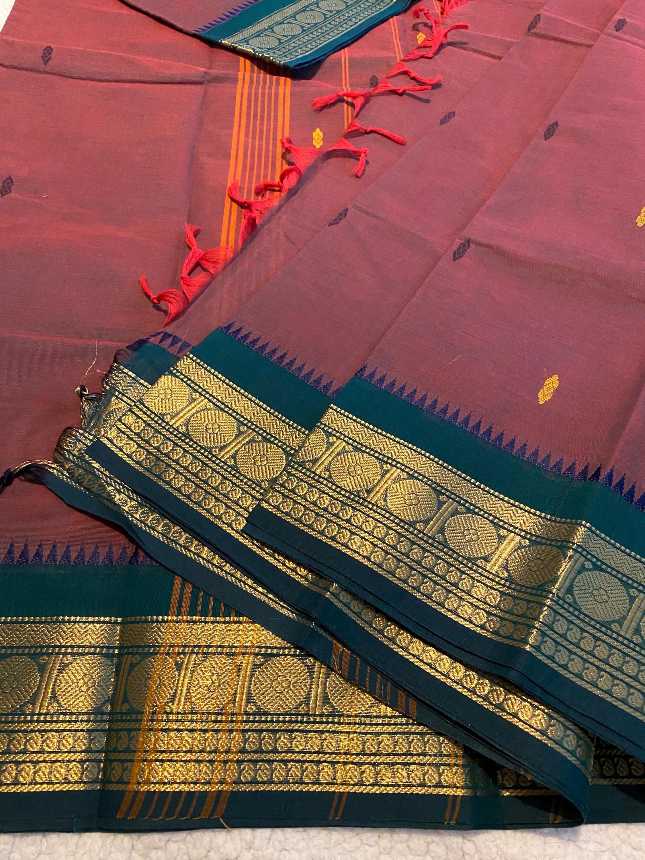 Dual-Tone Brownish Maroon Pure Kanchi Cotton Saree with Green & Gold Border