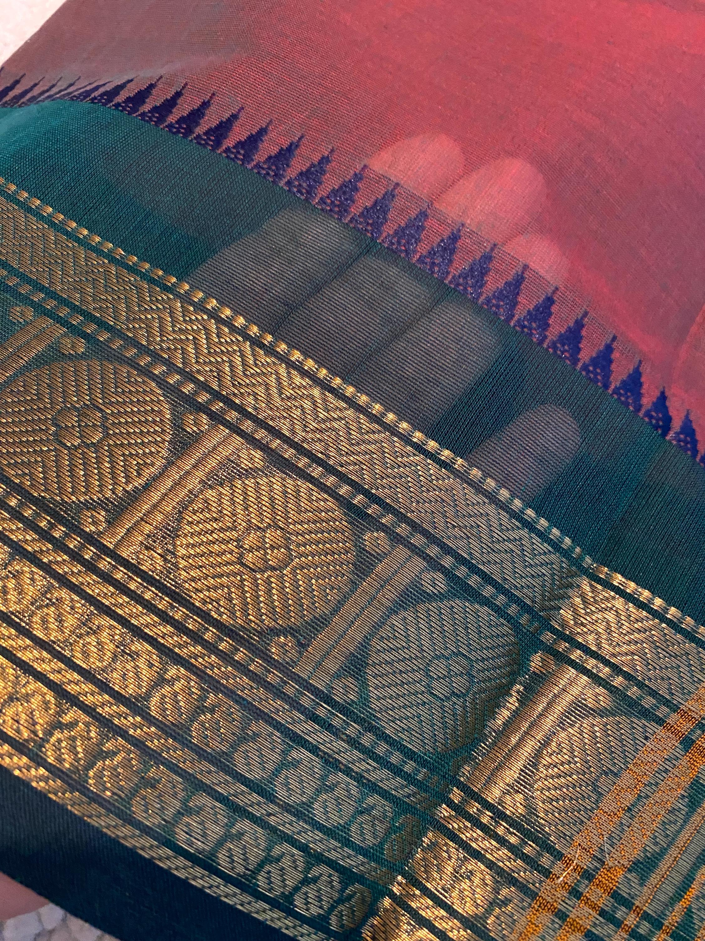 Dual-Tone Brownish Maroon Pure Kanchi Cotton Saree with Green & Gold Border