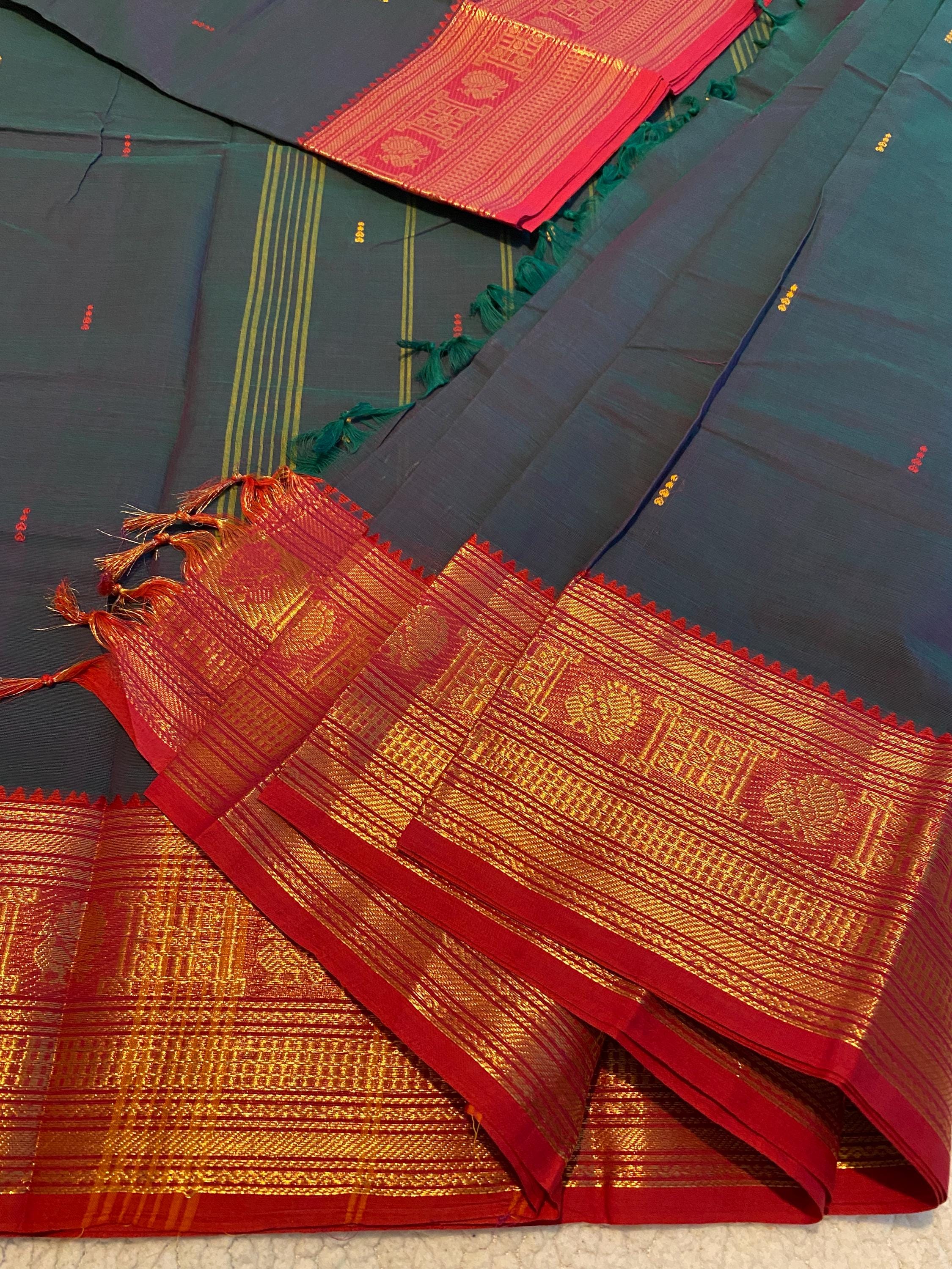 Dual-Tone Bottle Green Pure Kanchi Cotton Saree with Reddish-Maroon Border