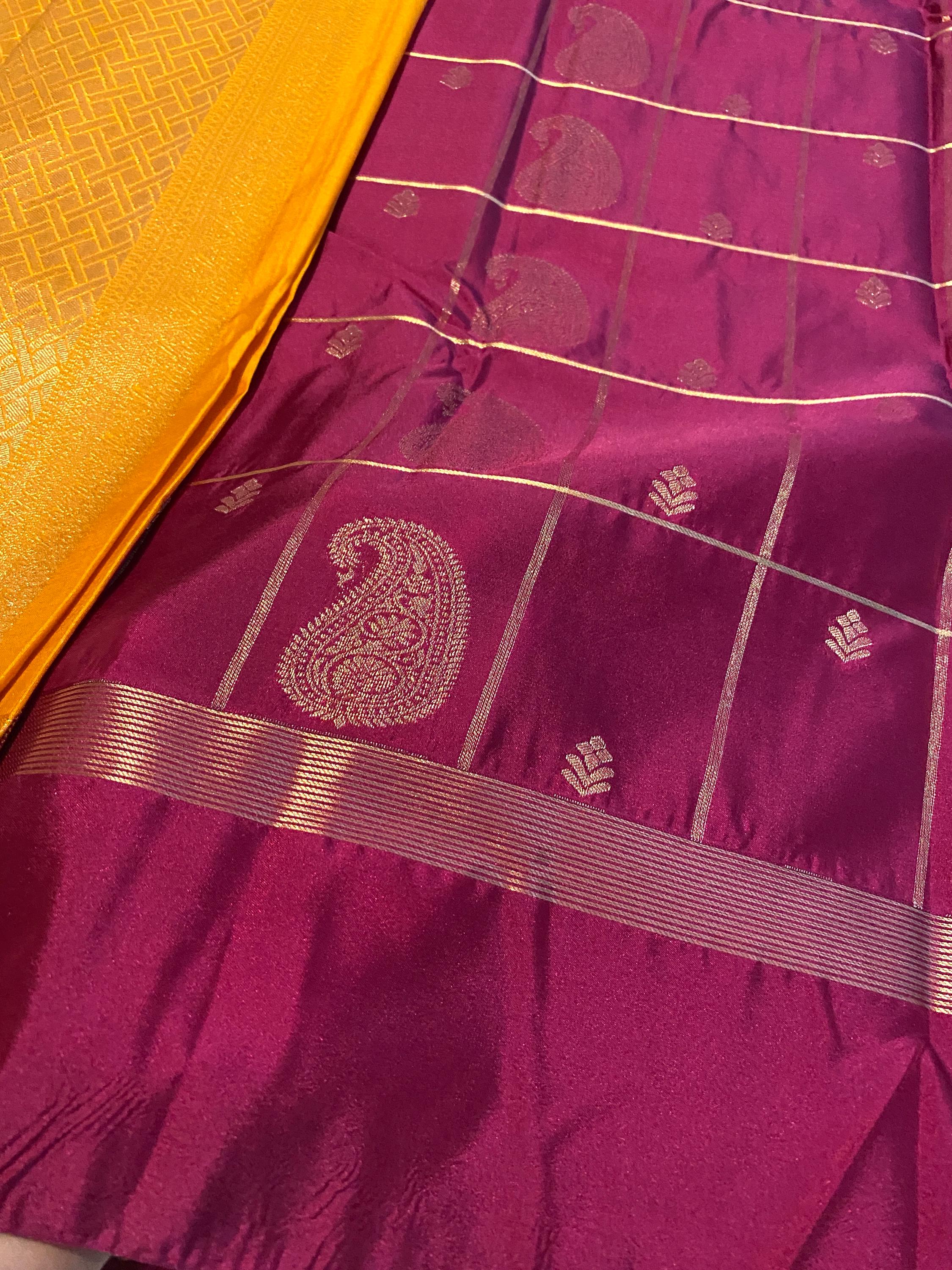 Deep Magenta Semi-Kanchipuram Silk Saree with Mustard Pallu