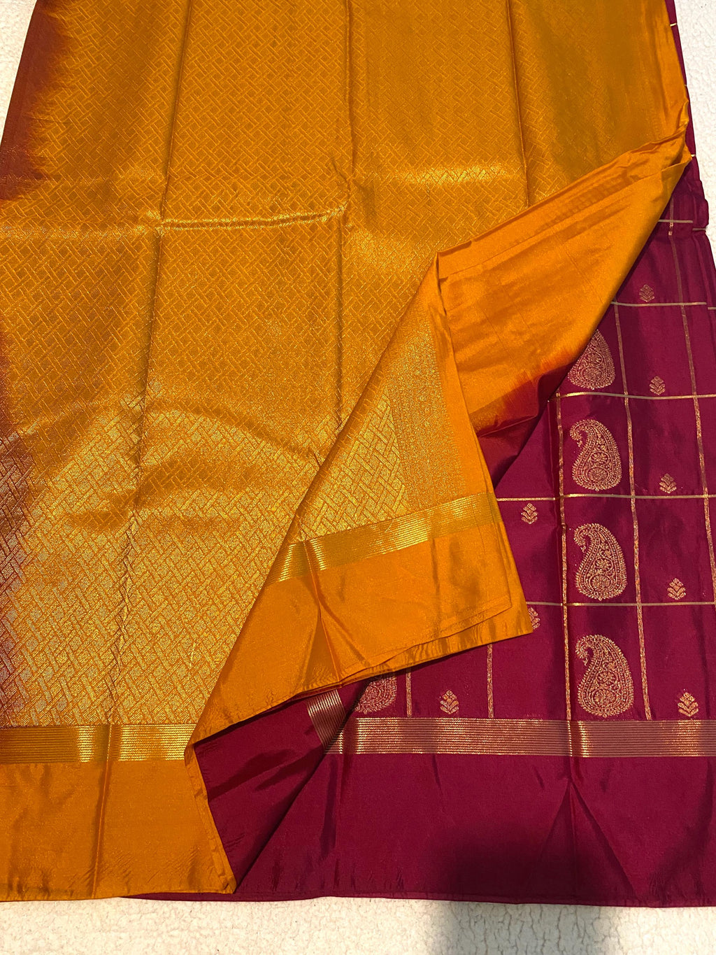 Deep Magenta Semi-Kanchipuram Silk Saree with Mustard Pallu