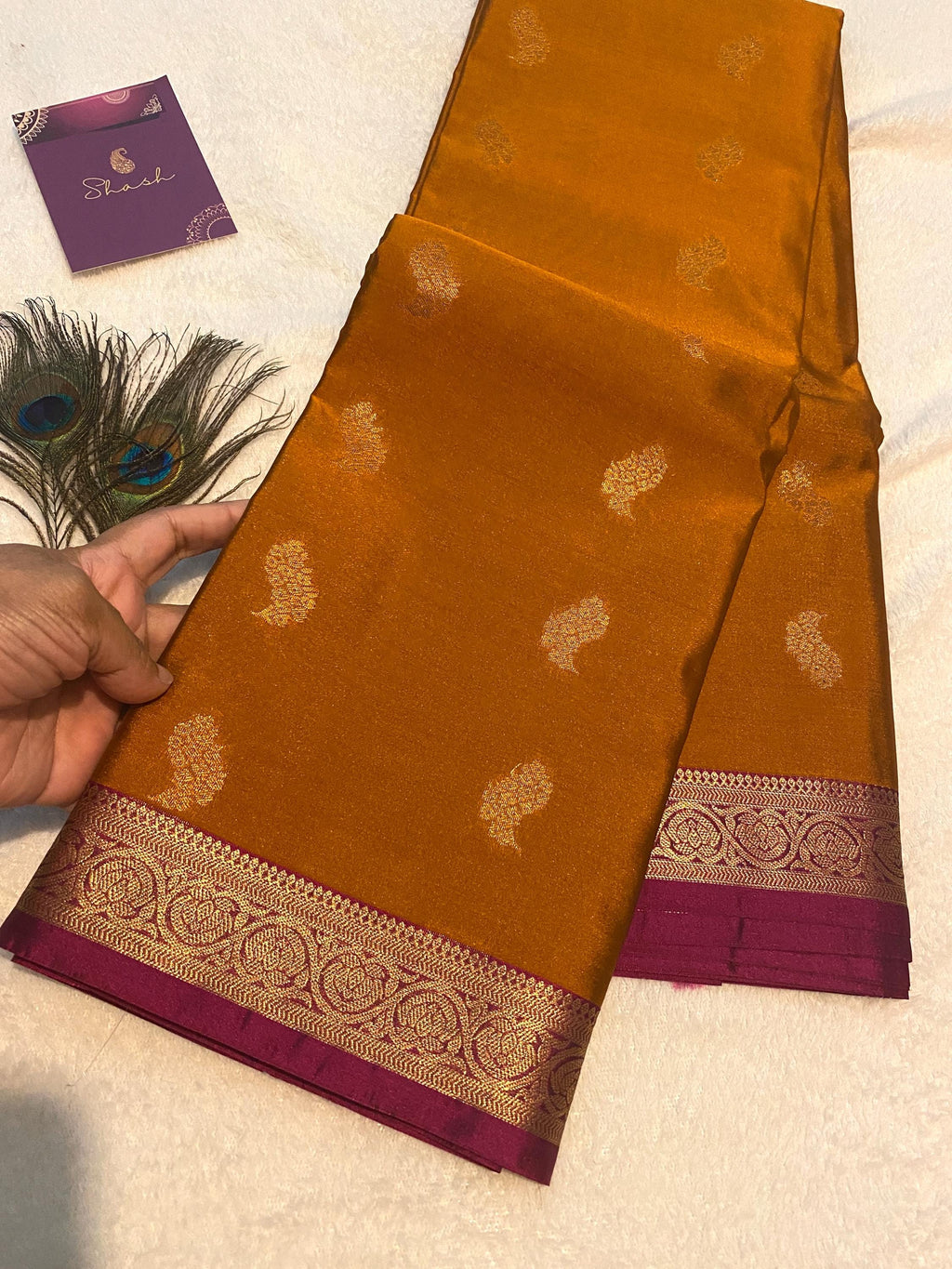 Golden Mustard Semi-Kanchipuram Silk Saree with Gold Zari Motifs & Magenta Border