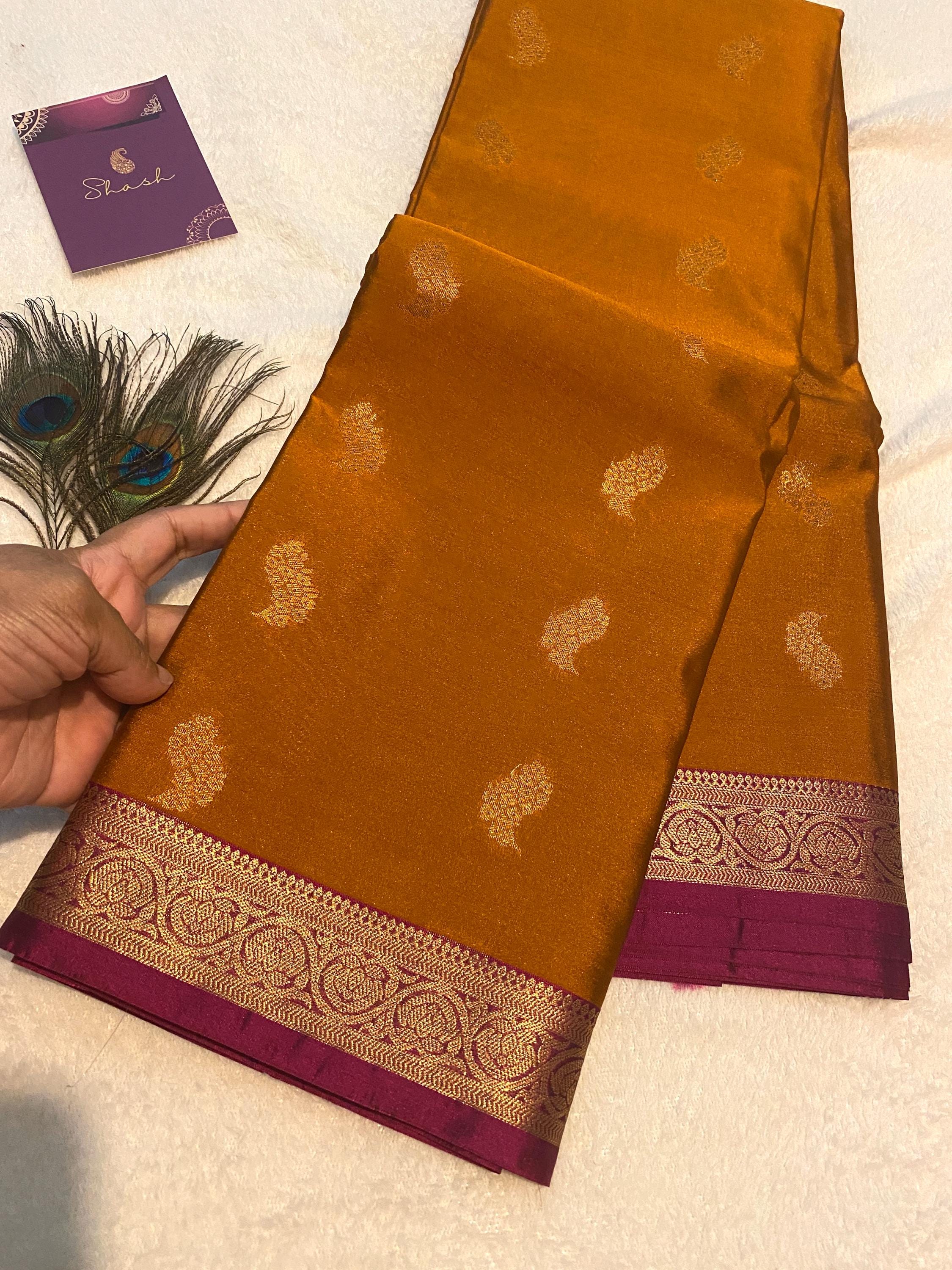 Golden Mustard Semi-Kanchipuram Silk Saree with Gold Zari Motifs & Magenta Border