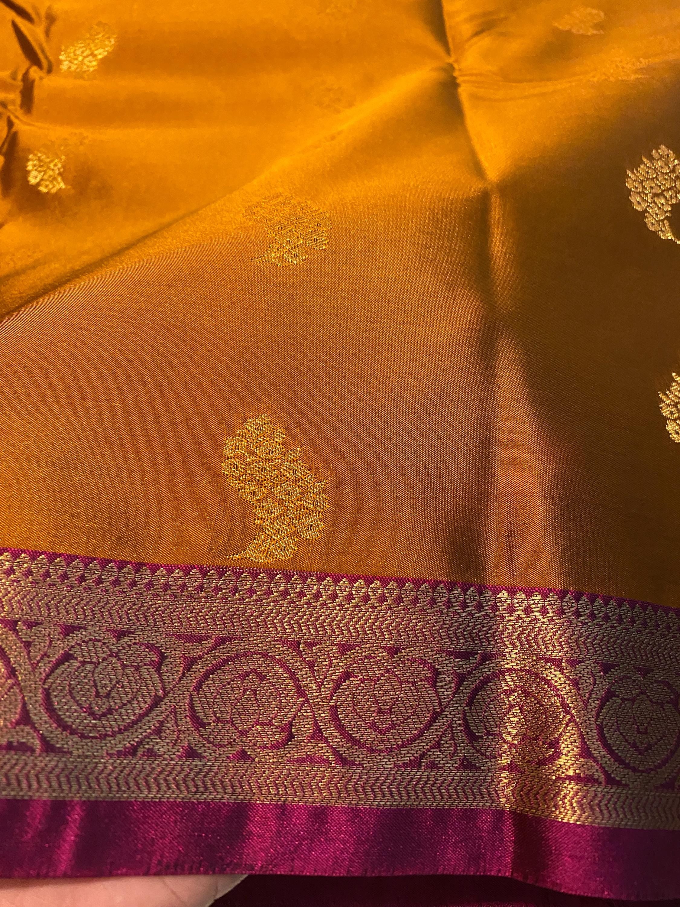 Golden Mustard Semi-Kanchipuram Silk Saree with Gold Zari Motifs & Magenta Border