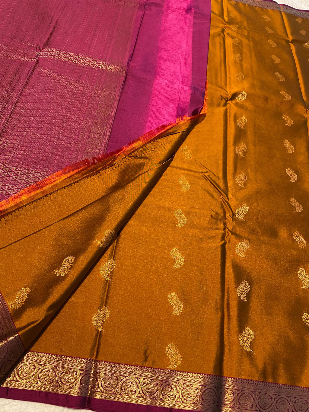 Golden Mustard Semi-Kanchipuram Silk Saree with Gold Zari Motifs & Magenta Border