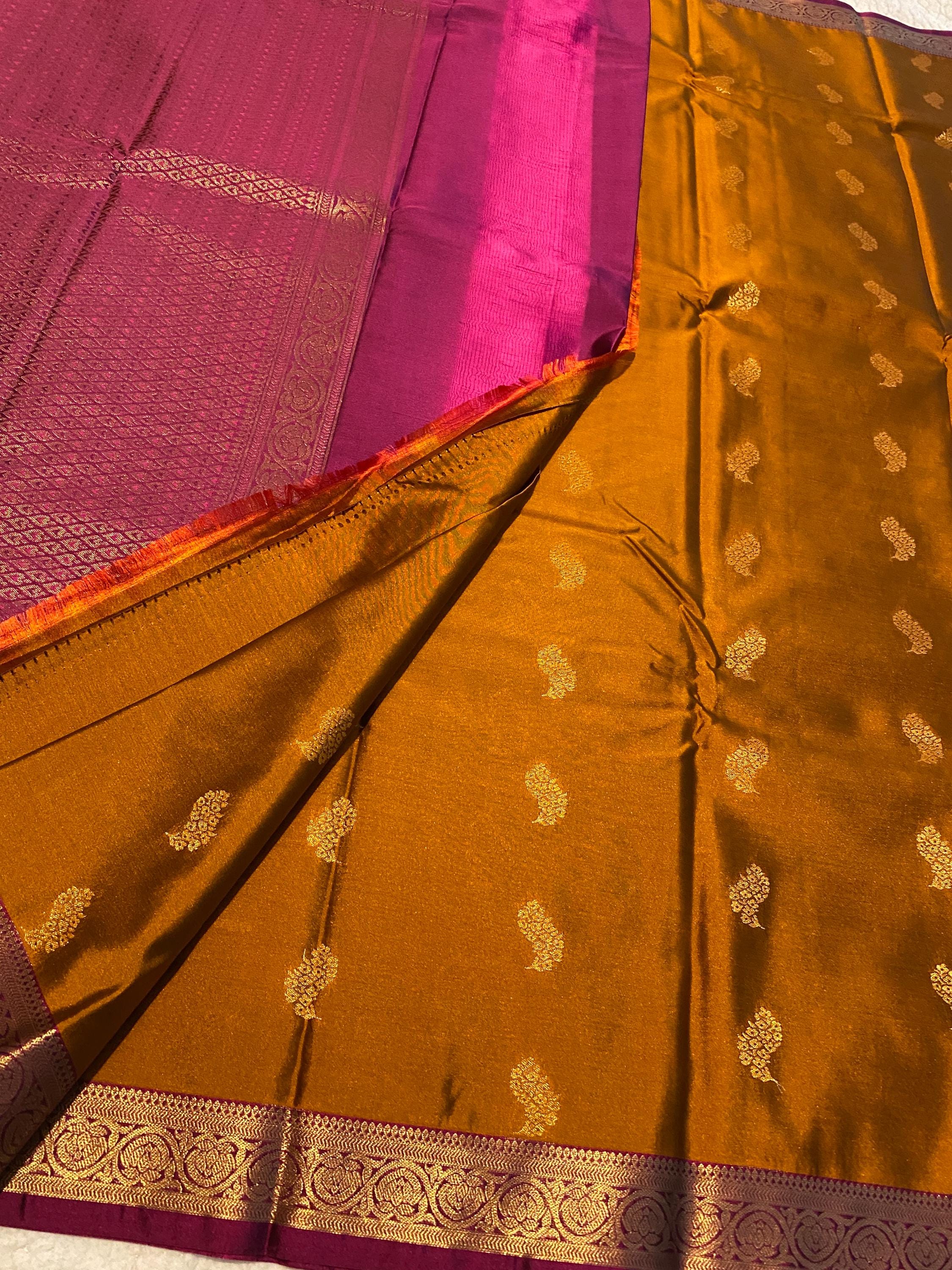 Golden Mustard Semi-Kanchipuram Silk Saree with Gold Zari Motifs & Magenta Border
