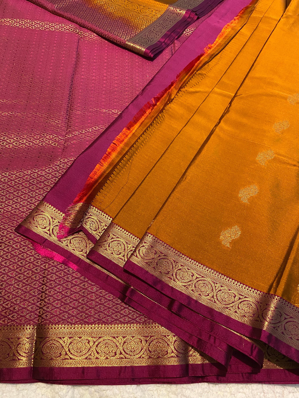 Golden Mustard Semi-Kanchipuram Silk Saree with Gold Zari Motifs & Magenta Border