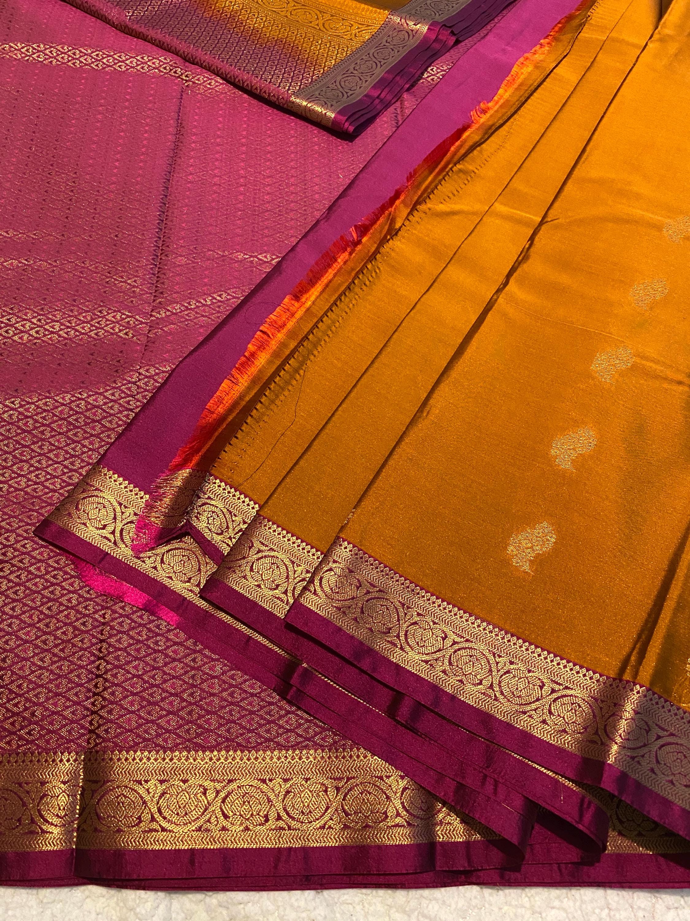 Golden Mustard Semi-Kanchipuram Silk Saree with Gold Zari Motifs & Magenta Border