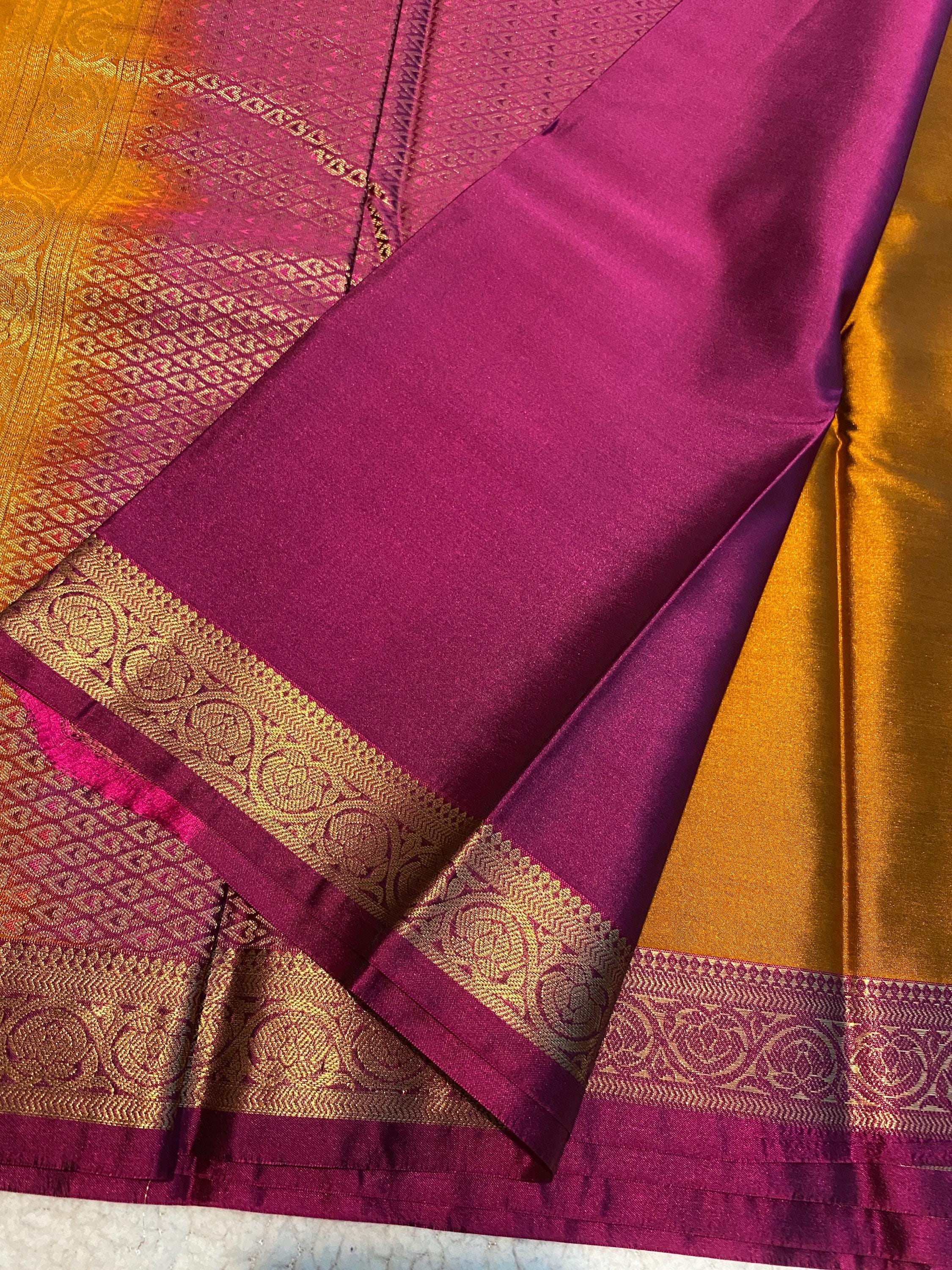 Golden Mustard Semi-Kanchipuram Silk Saree with Gold Zari Motifs & Magenta Border