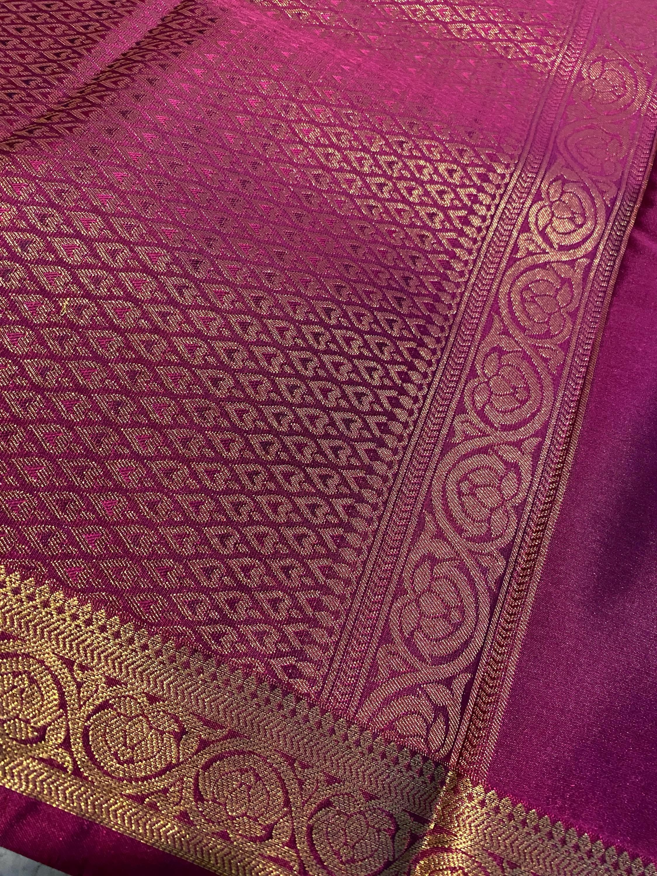 Golden Mustard Semi-Kanchipuram Silk Saree with Gold Zari Motifs & Magenta Border