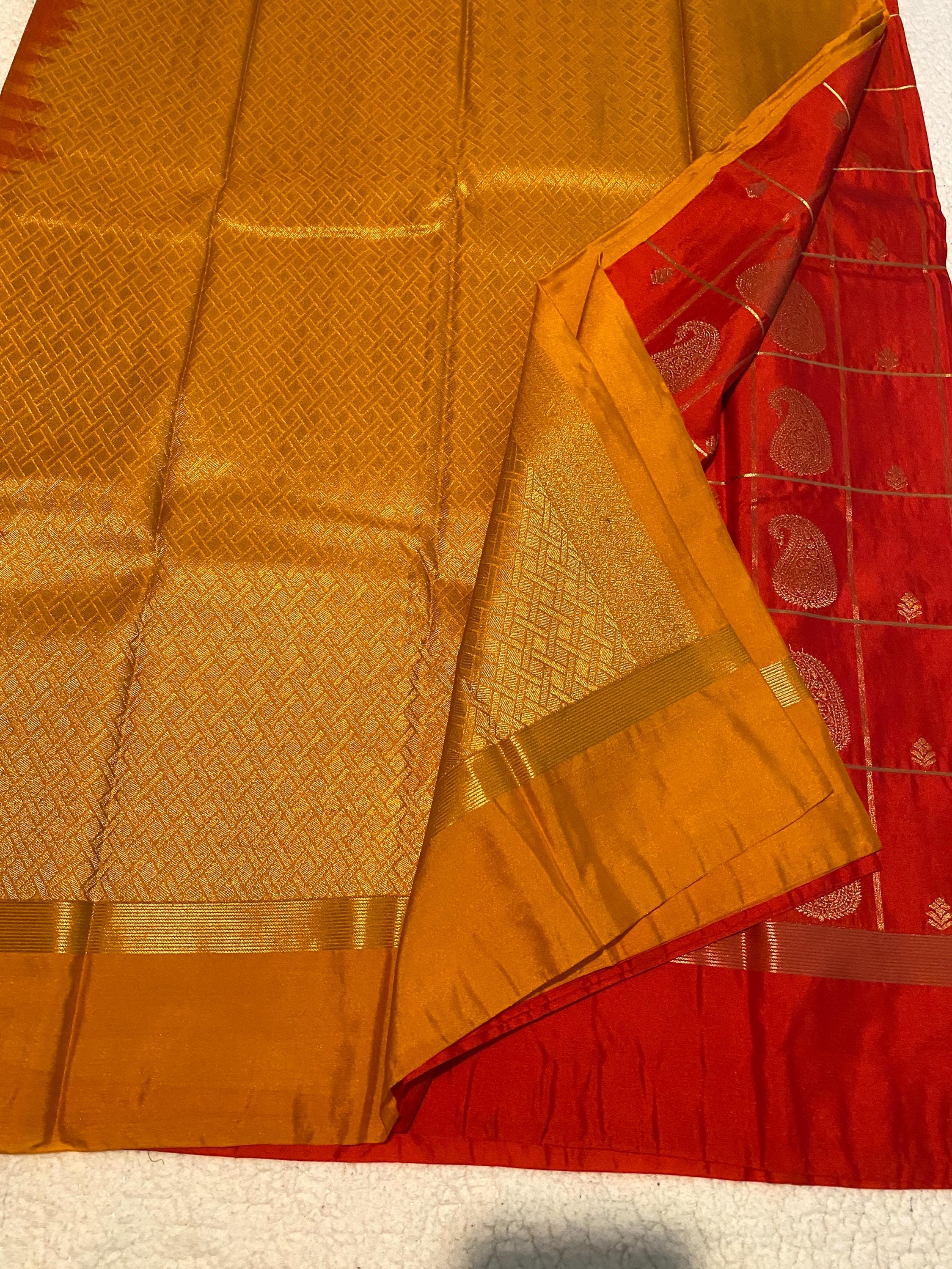 Reddish Orange Semi-Kanchipuram Silk Saree with Rich Mustard Pallu and Zari Butta | Traditional Indian Silk Saree | UK Seller