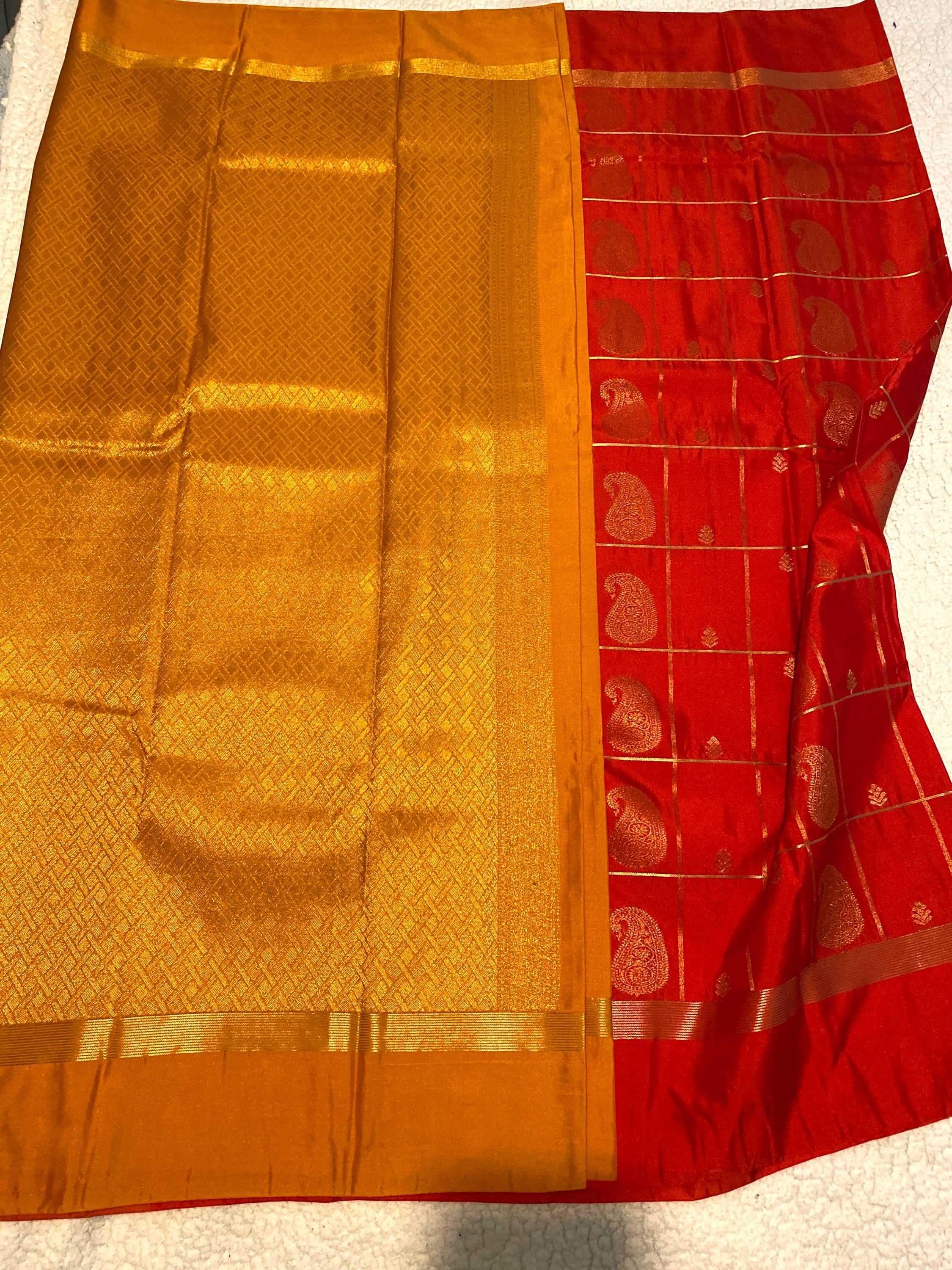 Reddish Orange Semi-Kanchipuram Silk Saree with Rich Mustard Pallu and Zari Butta | Traditional Indian Silk Saree | UK Seller