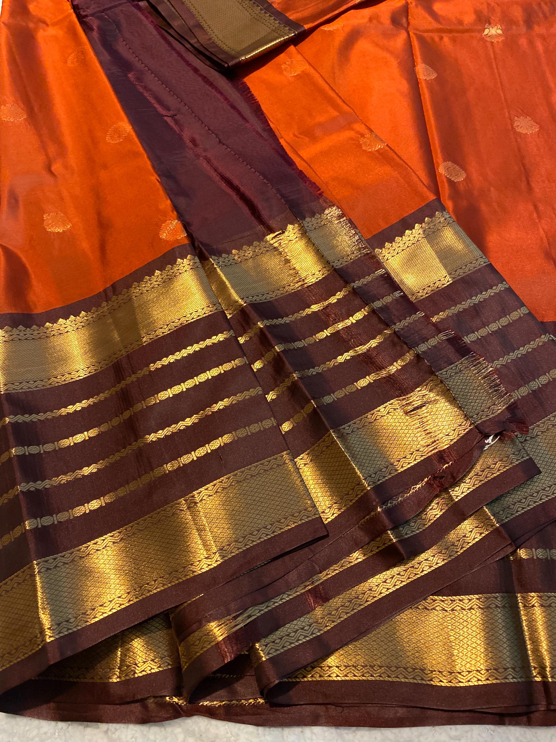 Premium Rust Orange Semi-Kanchipuram Silk Saree with Chocolate Brown Border