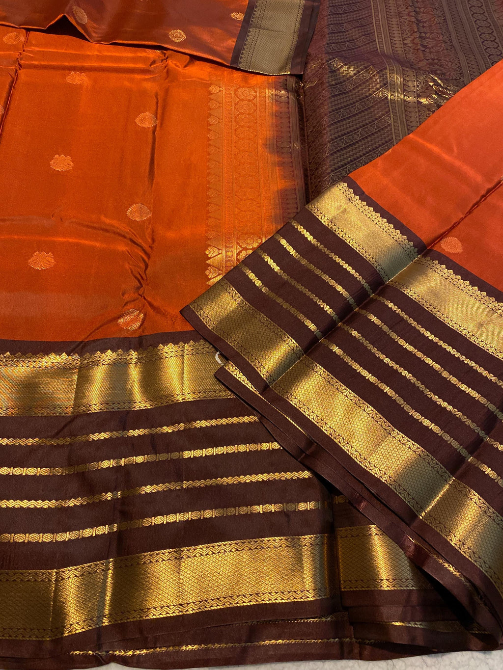 Premium Rust Orange Semi-Kanchipuram Silk Saree with Chocolate Brown Border