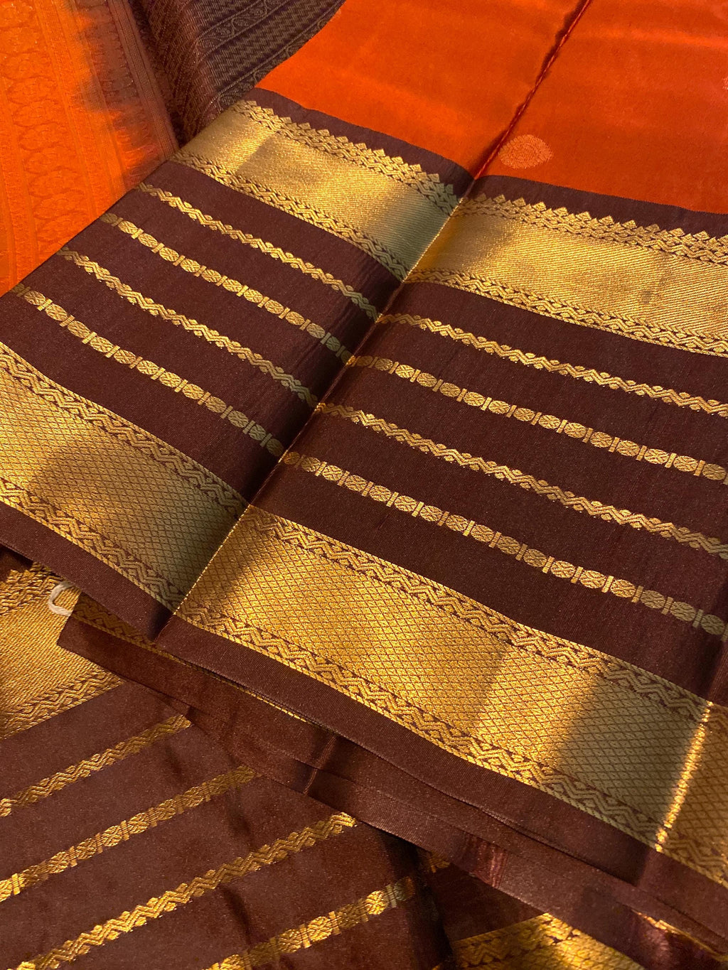 Premium Rust Orange Semi-Kanchipuram Silk Saree with Chocolate Brown Border