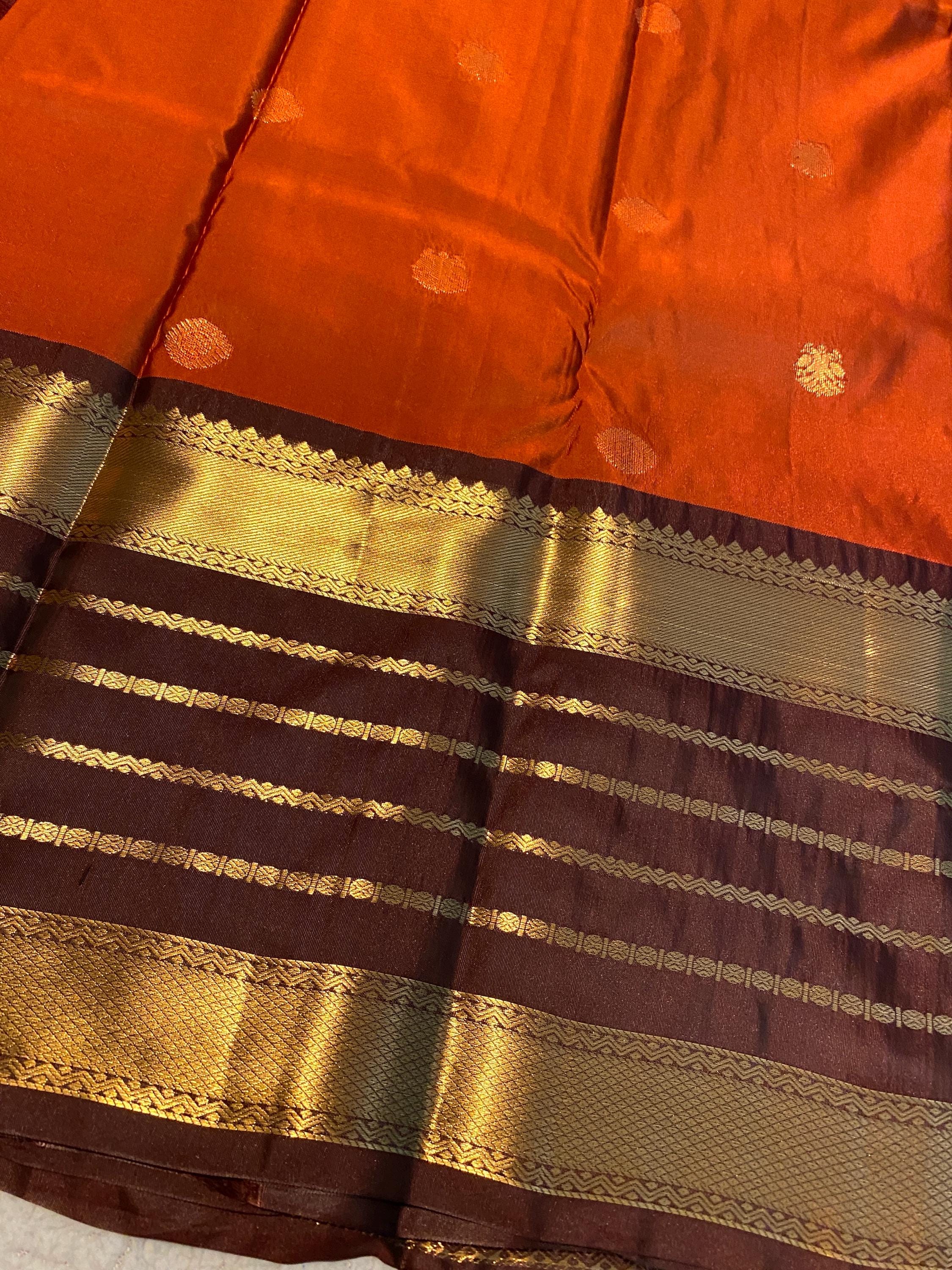Premium Rust Orange Semi-Kanchipuram Silk Saree with Chocolate Brown Border