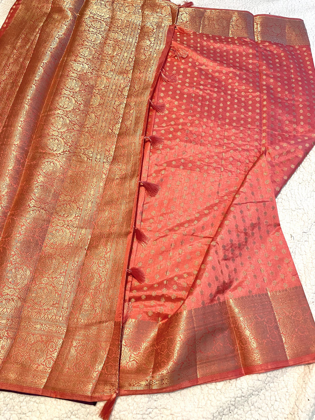 Coral Pink Fancy Tussar Silk Saree with Deep Purple Brocade Blouse | Lightweight Wedding & Festive Wear | UK