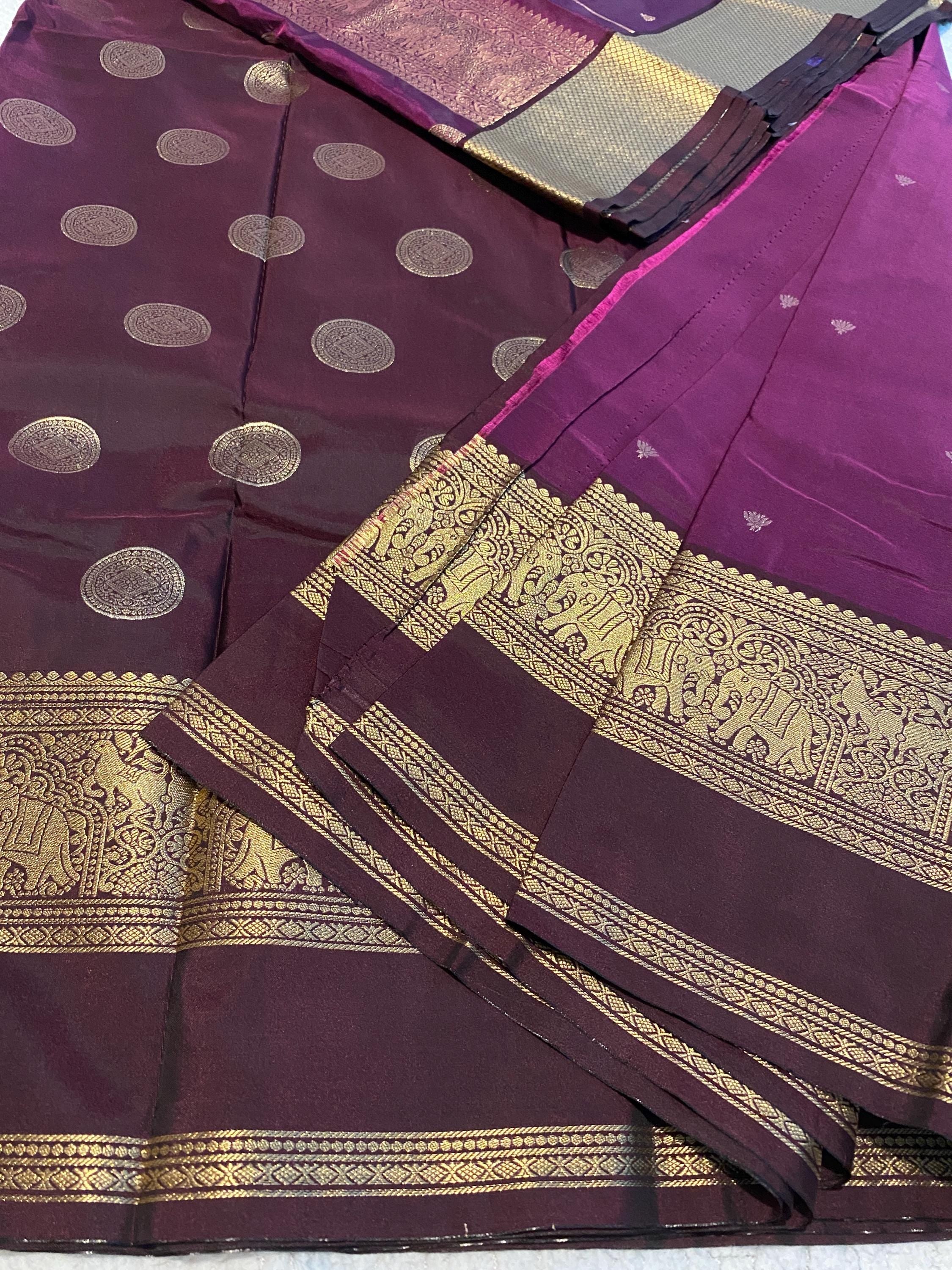 Rich Purple ( Brinjal) Semi-Kanchipuram Silk Saree with Deep Wine Border