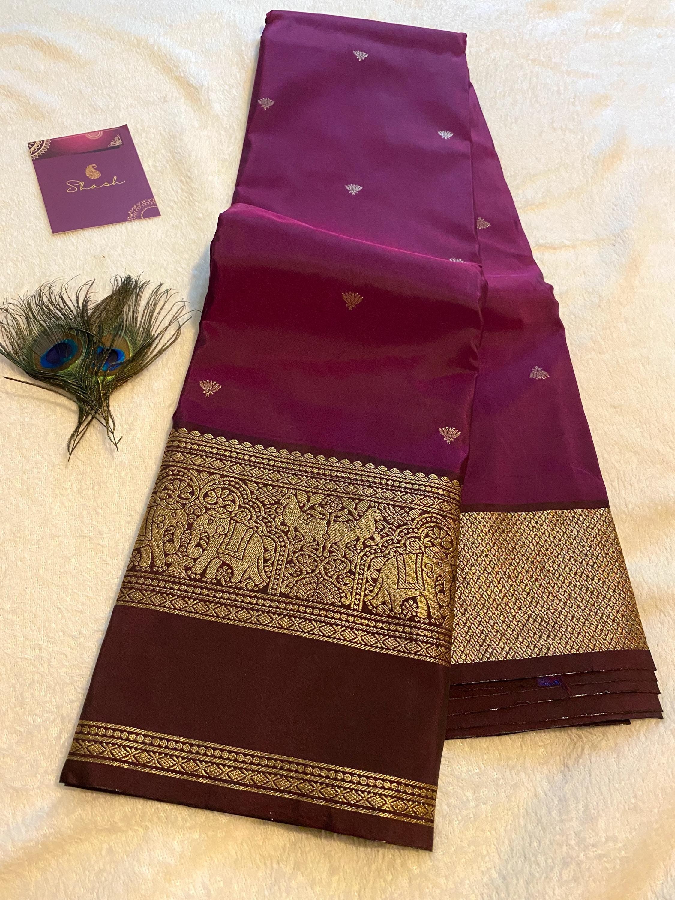 Rich Purple ( Brinjal) Semi-Kanchipuram Silk Saree with Deep Wine Border