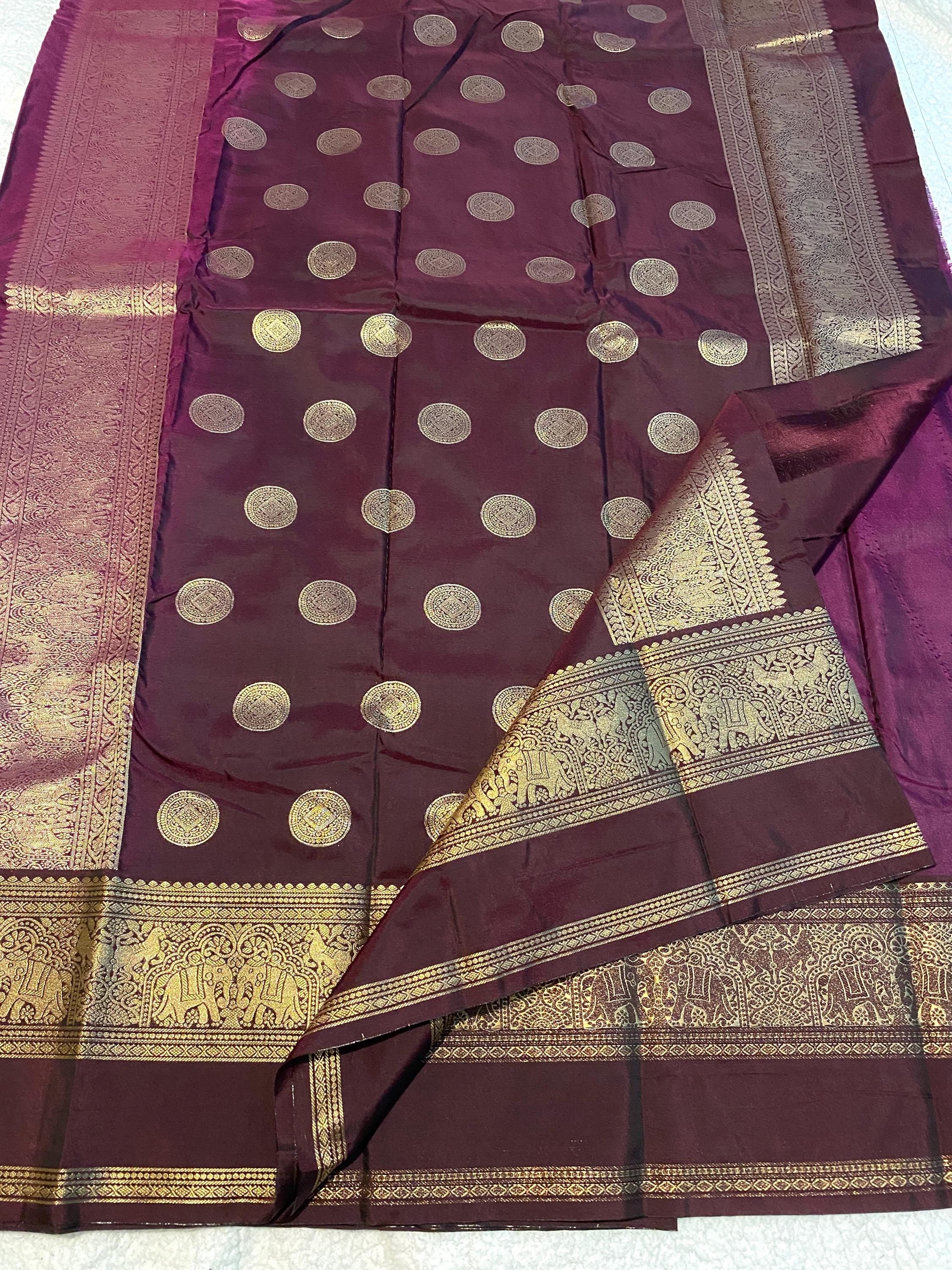 Rich Purple ( Brinjal) Semi-Kanchipuram Silk Saree with Deep Wine Border