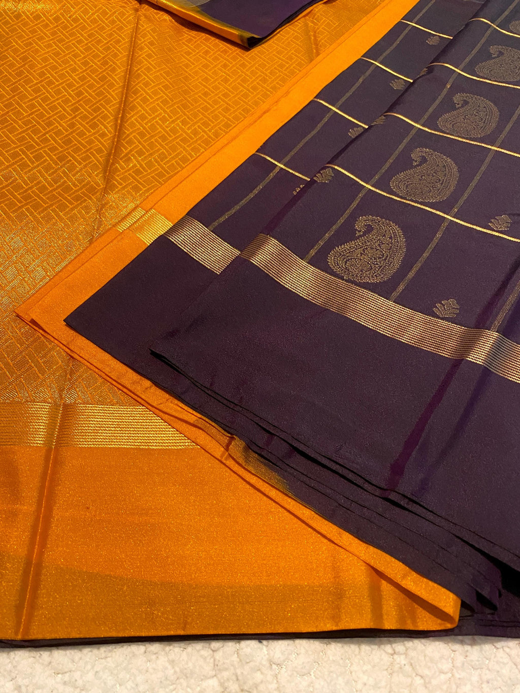 Deep Plum Purple Semi-Kanchipuram Silk Saree with Mustard Pallu