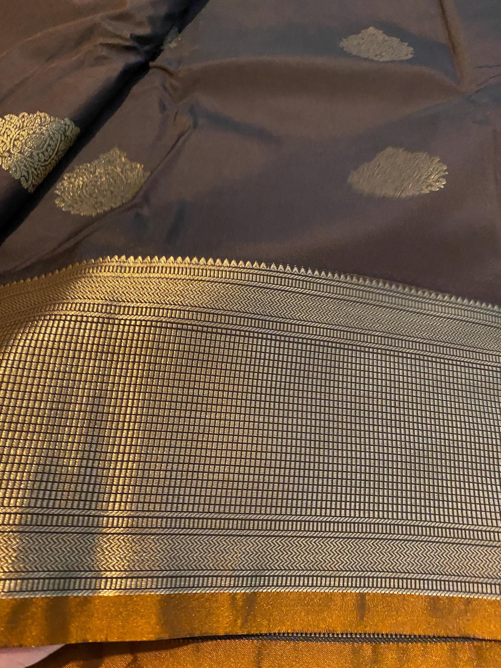 Chocolate Brown and Mustard Gold Semi-Kanchipuram Silk Saree