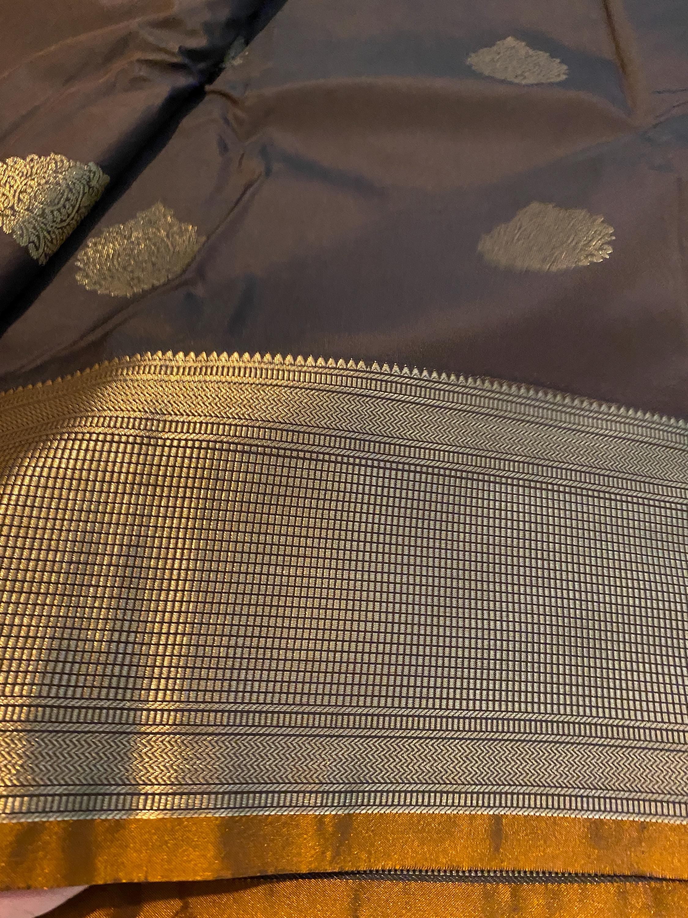 Chocolate Brown and Mustard Gold Semi-Kanchipuram Silk Saree