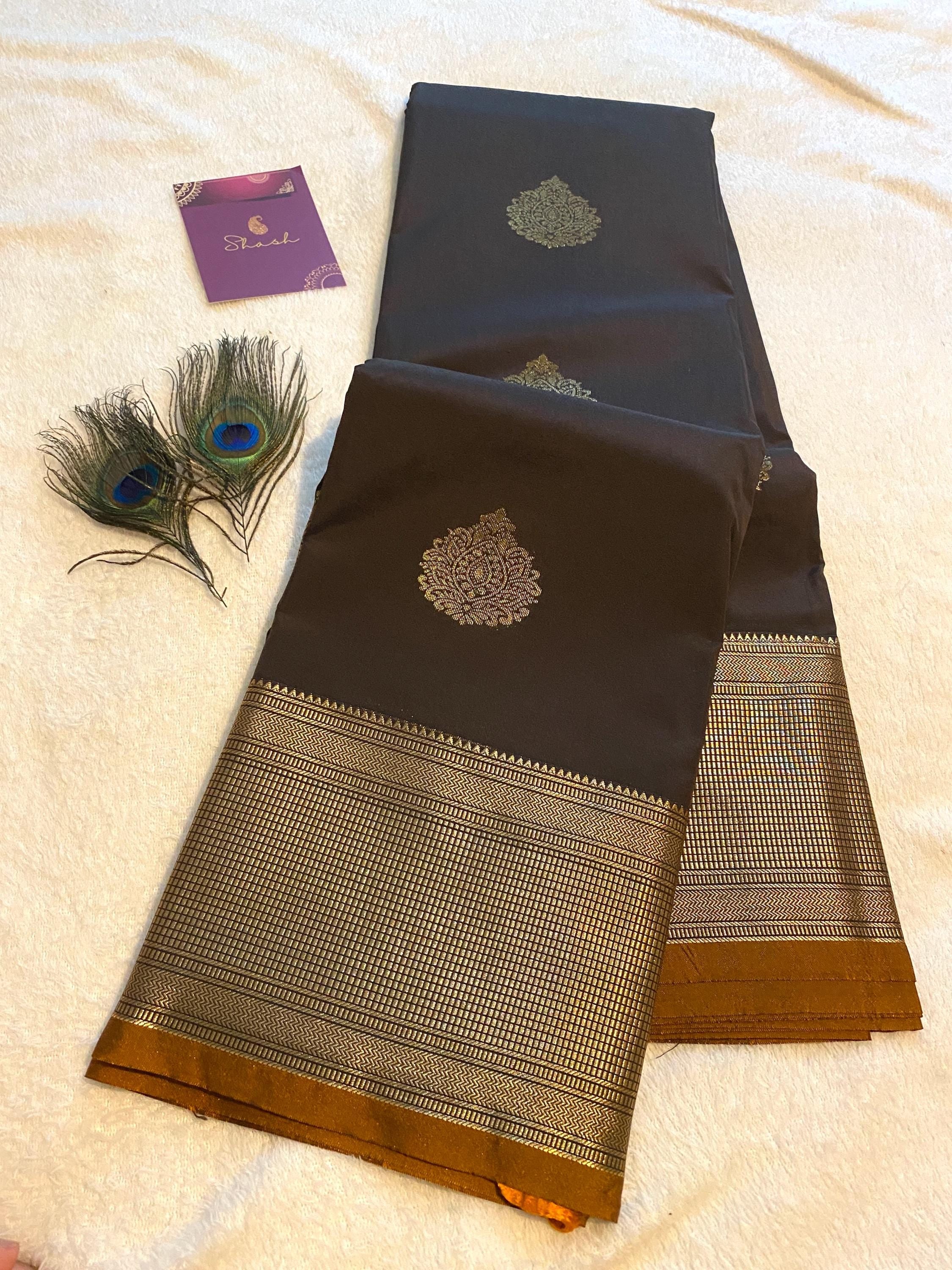 Chocolate Brown and Mustard Gold Semi-Kanchipuram Silk Saree
