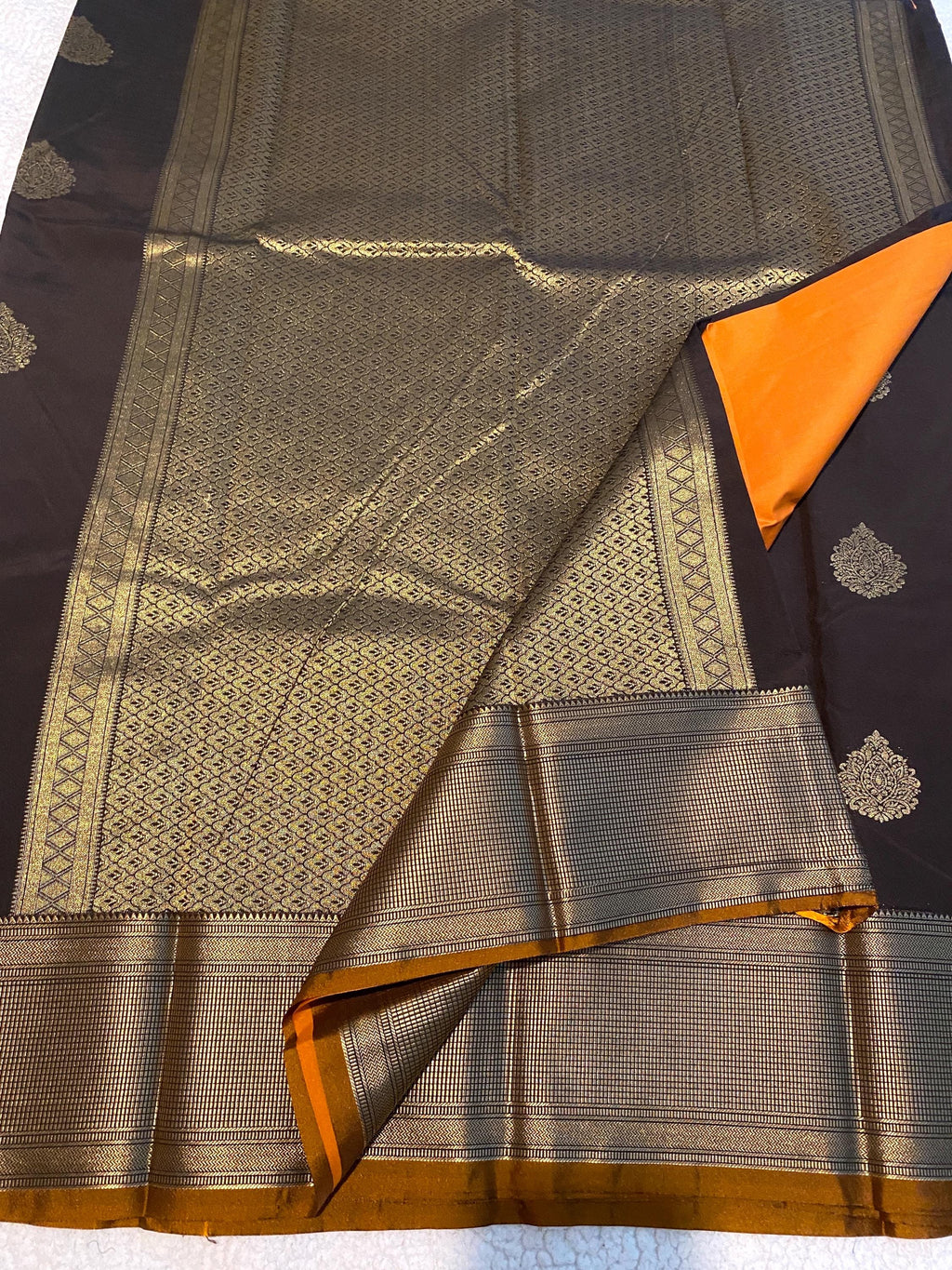 Chocolate Brown and Mustard Gold Semi-Kanchipuram Silk Saree