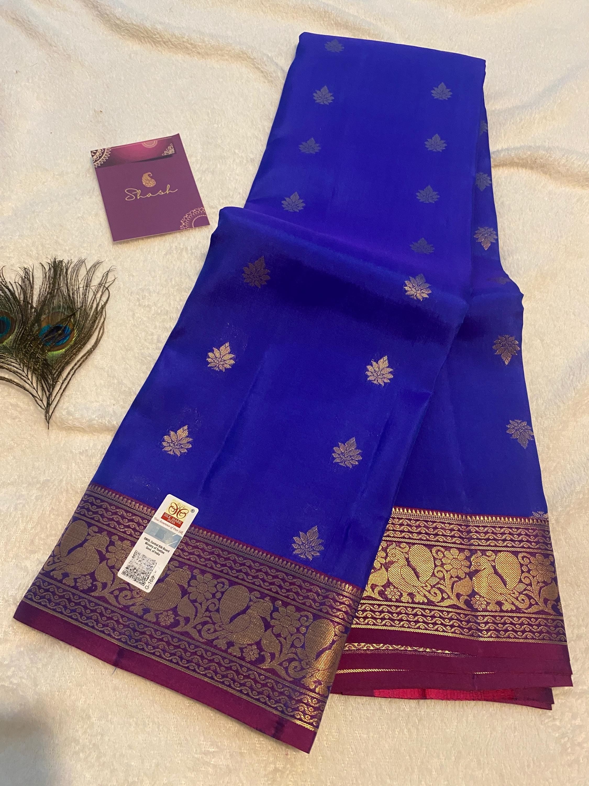 Pure Kanchipuram Silk Saree | Royal Blue with Rich Purple Border & Peacock Zari