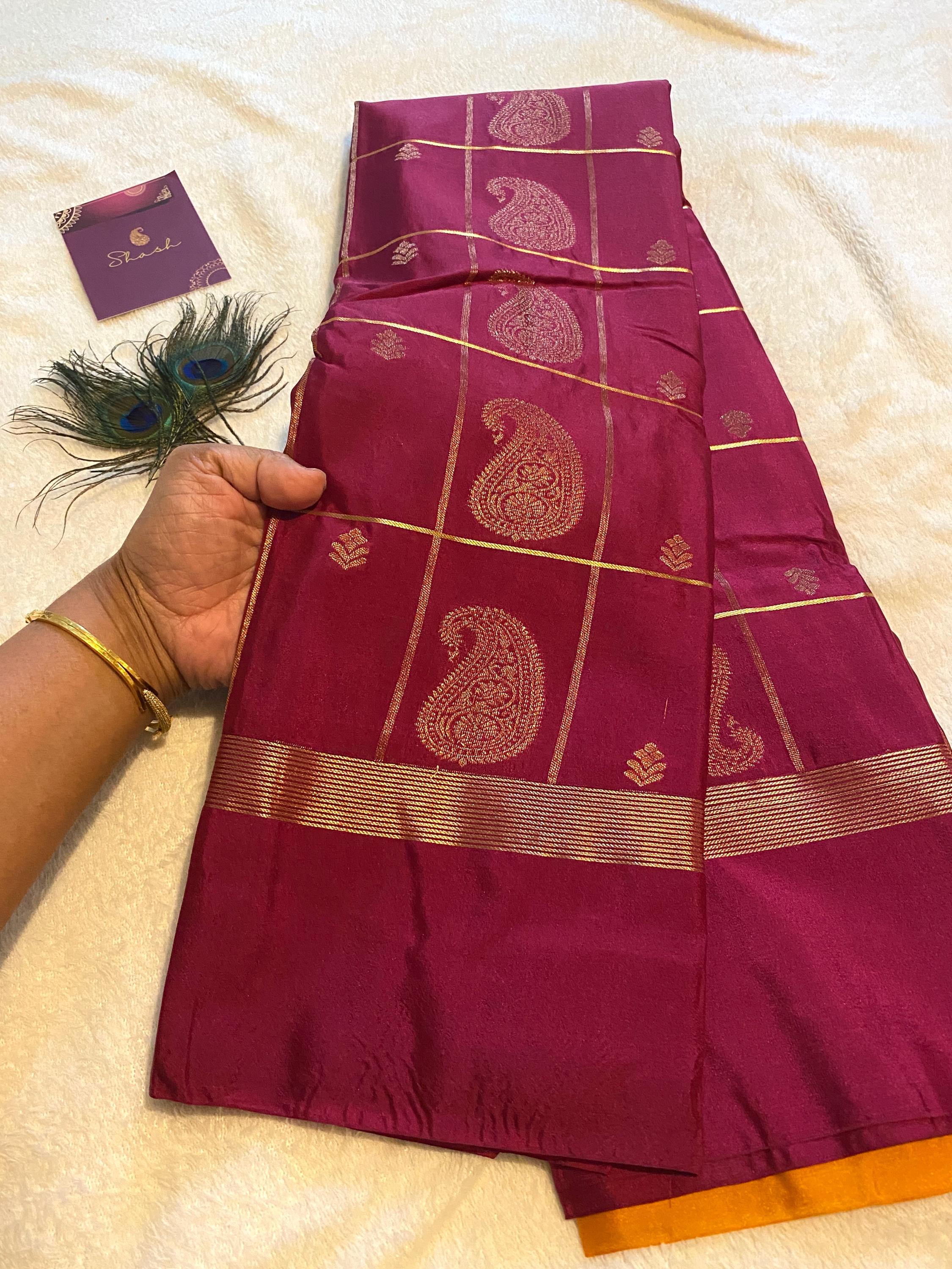 Deep Magenta Semi-Kanchipuram Silk Saree with Mustard Pallu