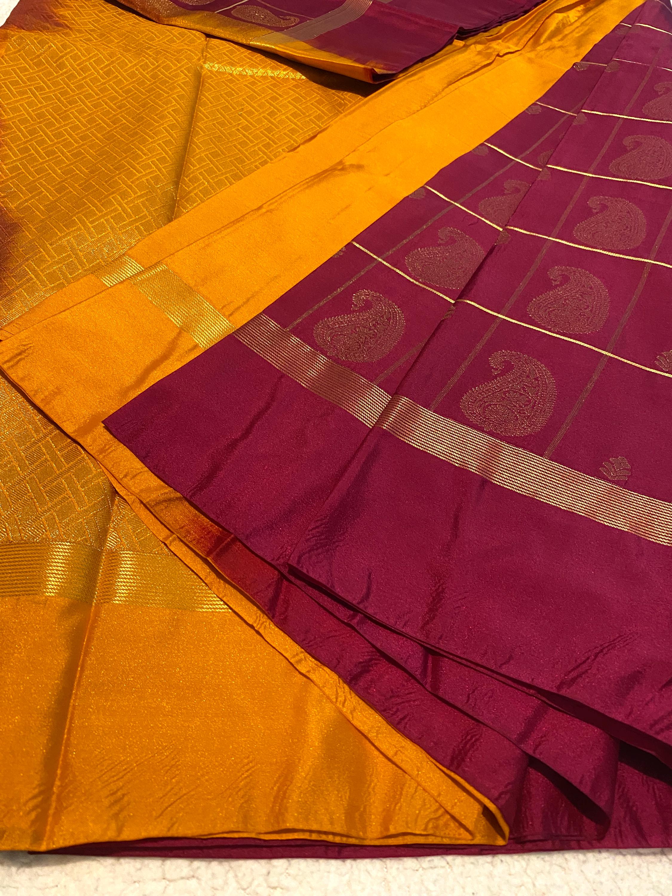 Deep Magenta Semi-Kanchipuram Silk Saree with Mustard Pallu